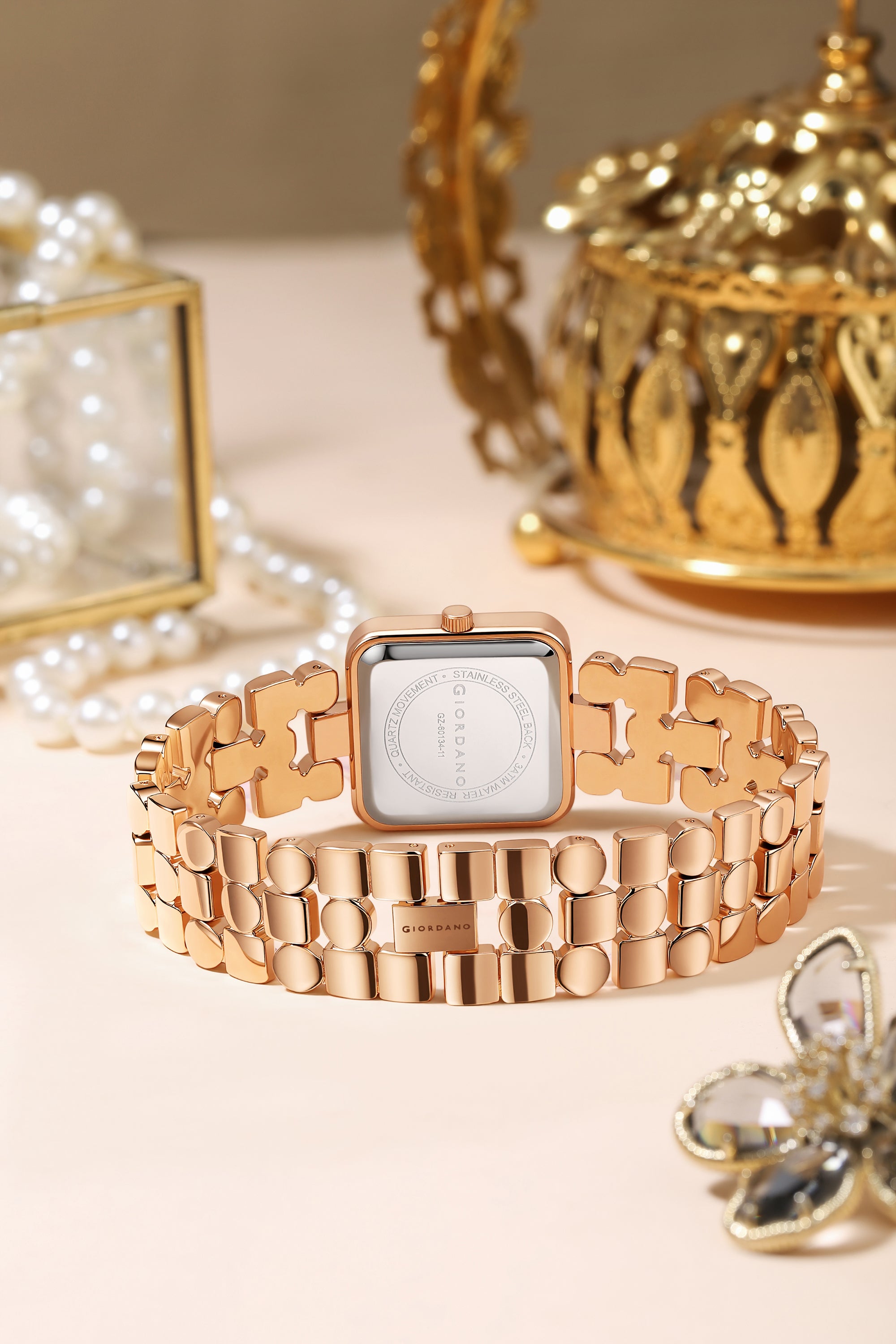 Giordano Square Analog Watch for Women with Gloss Glass Dial, Crystal Markers, Quartz Movement & Stainless Steel Strap - GZ-60134-11