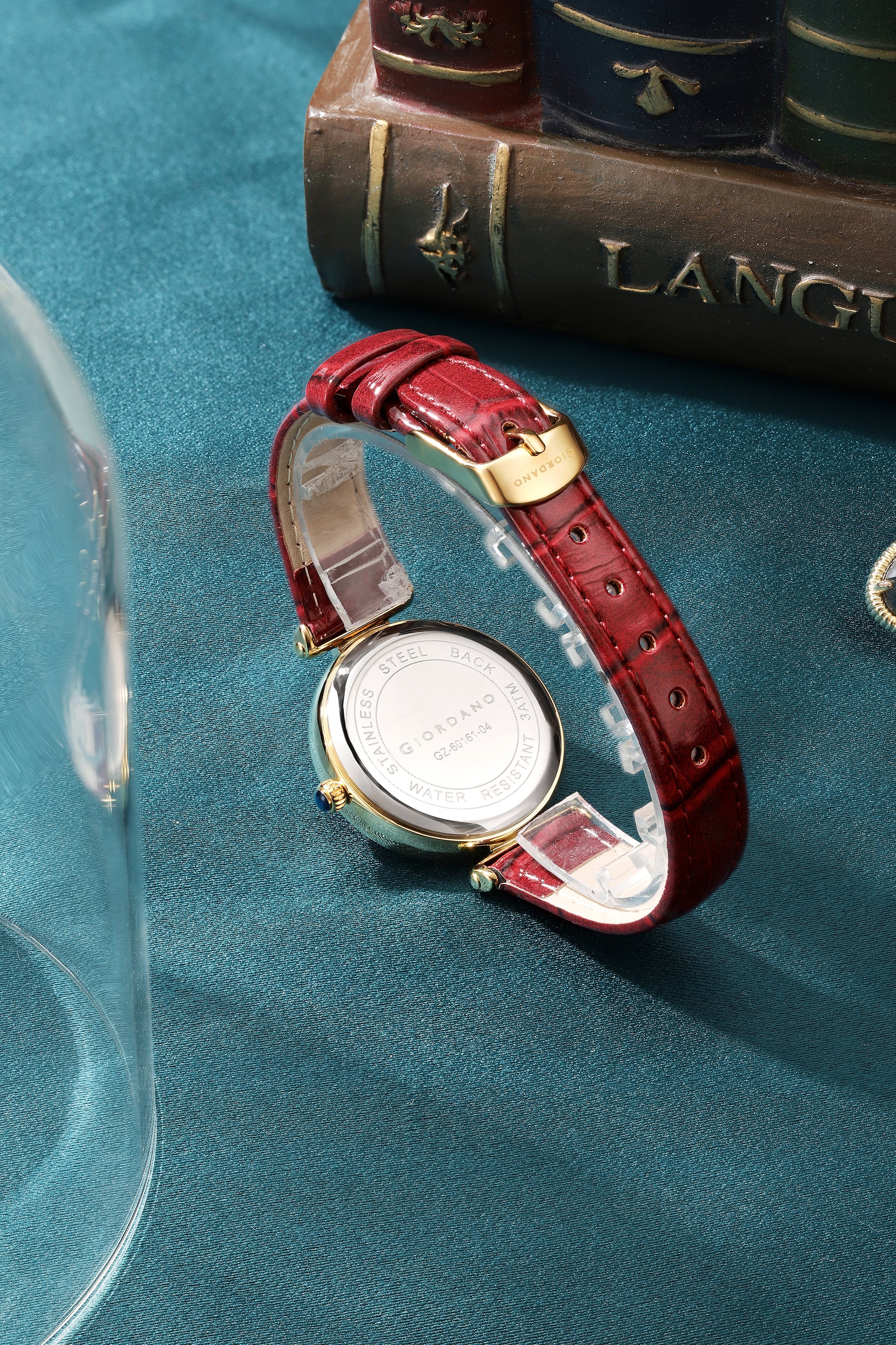 Giordano Analog Quartz Watch for Women with sunray Round Red Dial, Blue Crown, Luminos hands and Crystal hour markers, Red Leather Strap - GZ-60161-04
