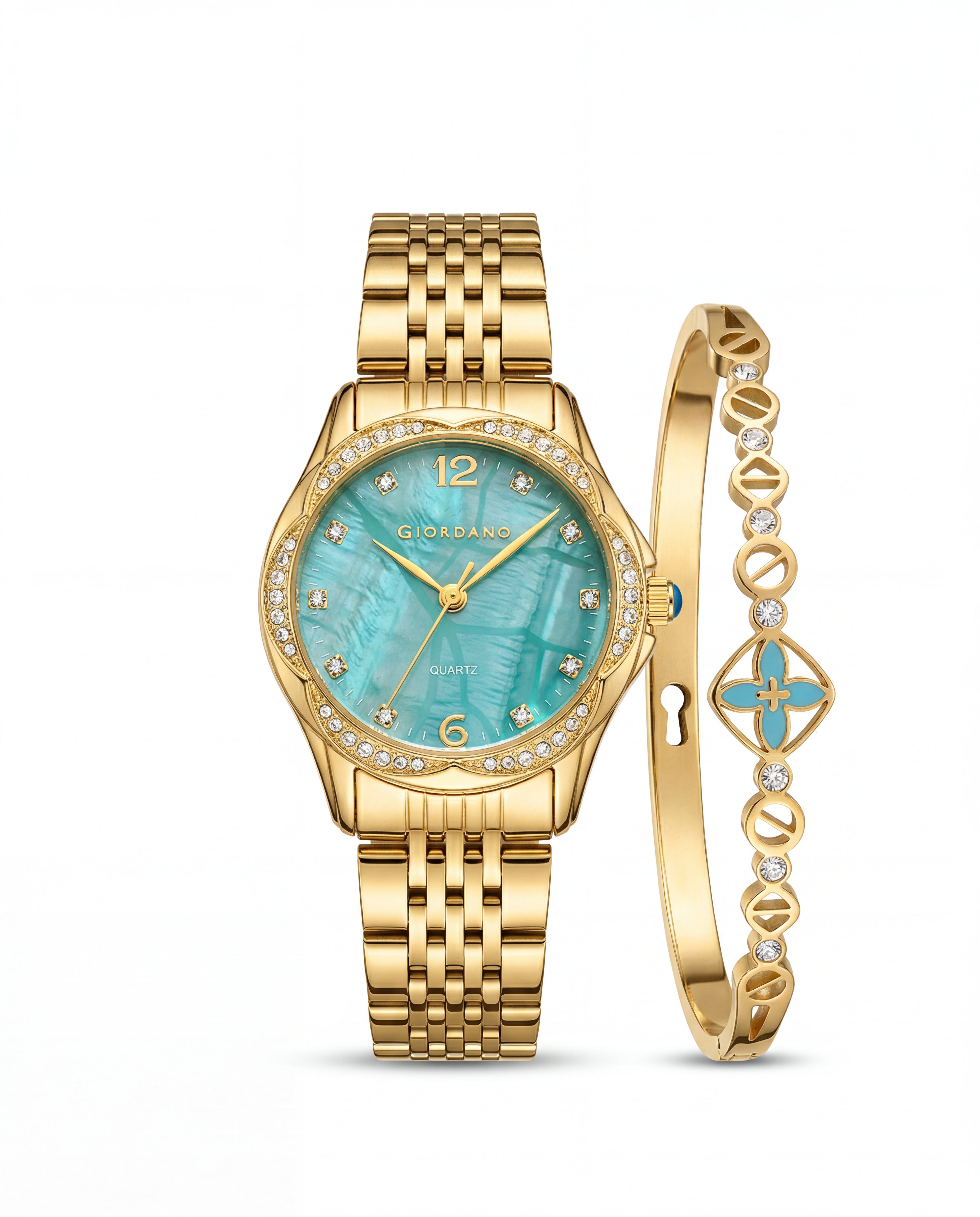 Giordano Analog Quartz Watch for Women with Textured Round Green Dial, Flower shape case, Blue Crown, Crystal studded hour markers and bezel, Gold Stainless Steel Strap - GZ-60157-33