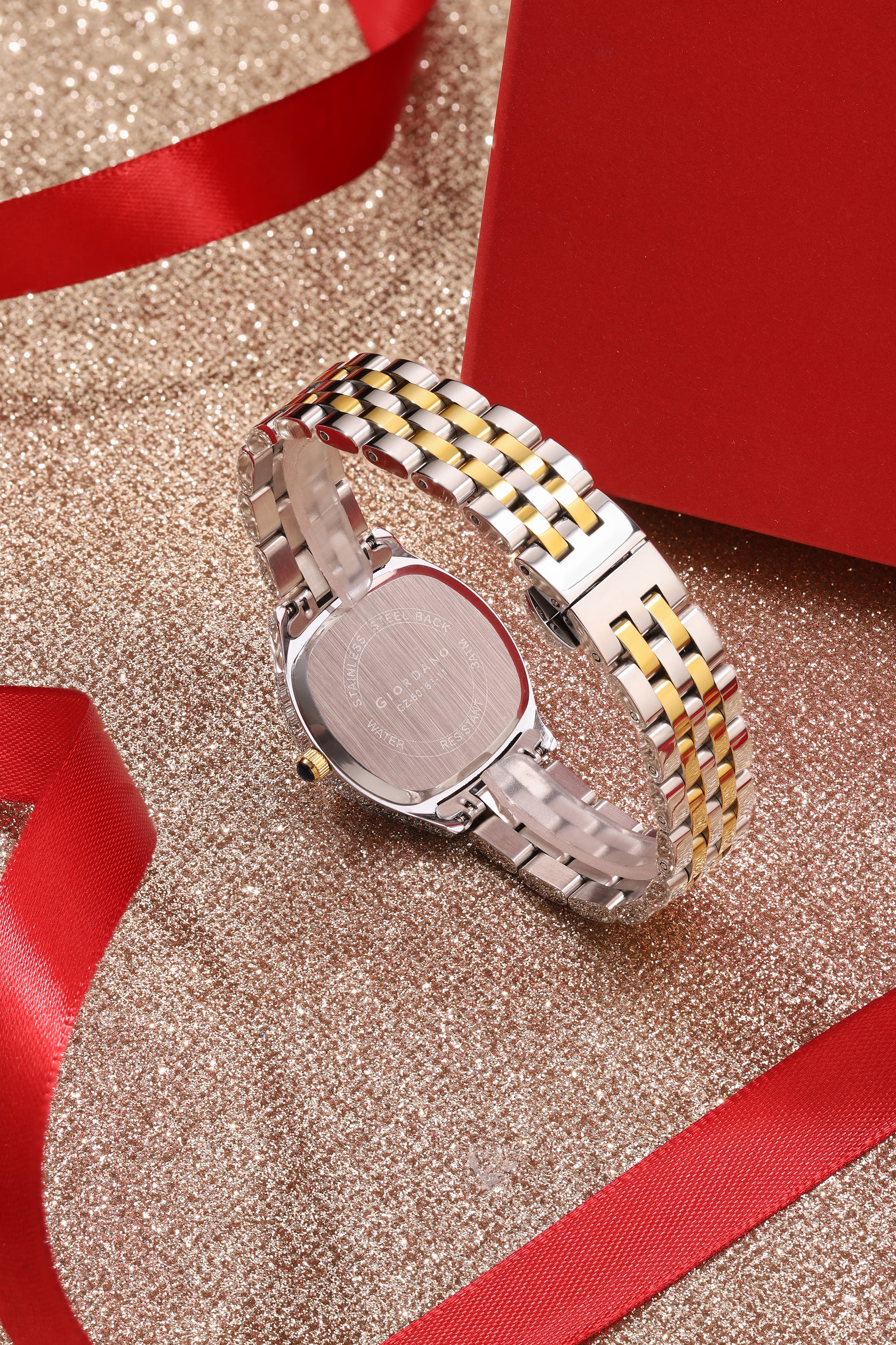 Giordano Analog Quartz Watch for Women with Square White Dial, Blue Crown, Crystal Studded Hour Markers and Bezel, Silver and Gold Stainless Steel Strap - GZ-60163-11