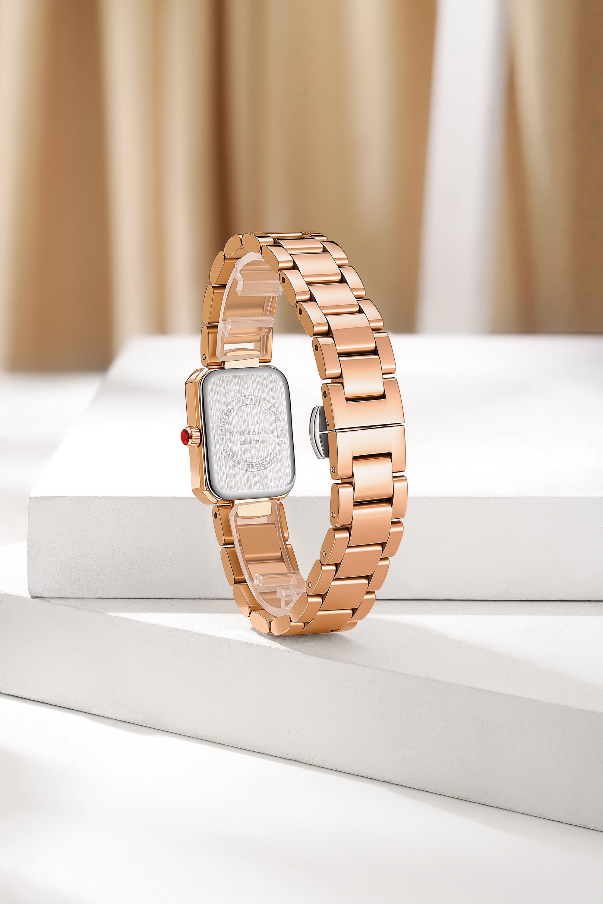 Giordano Analog Quartz Watch for Women with sunray Rectangle Rose Gold Dial, Roman indices, Crystal studded bezel, Blue Crown, Rose Gold Stainless Steel Strap - GZ-60167-44