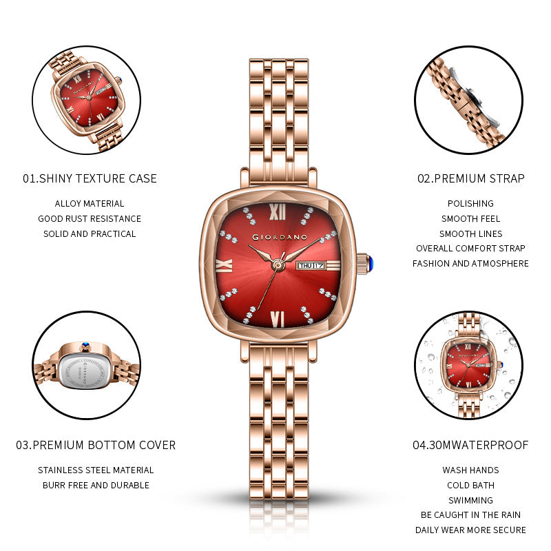Giordano Elegant Square Watch for Women – ক্রিস্টাল ও রোমান আওয়ার মার্কার, ডে-ডেট ডিসপ্লে, স্টেইনলেস স্টিল স্ট্র্যাপ | GZ-60097-44