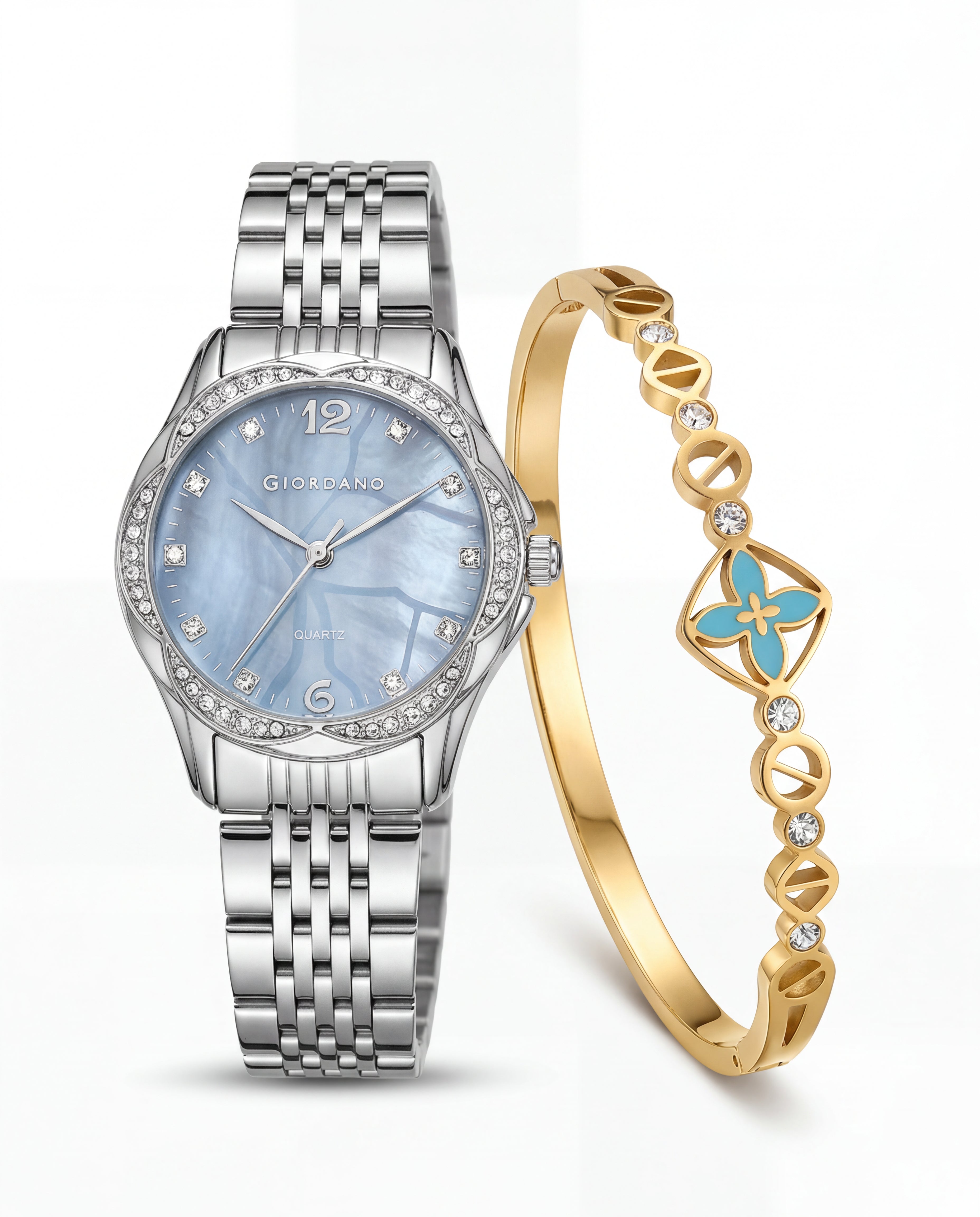 Giordano Analog Quartz Watch for Women with Textured Round Brown Dial, Flower shape case, Blue Crown, Crystal studded hour markers and bezel, Silver Stainless Steel Strap - GZ-60157-22