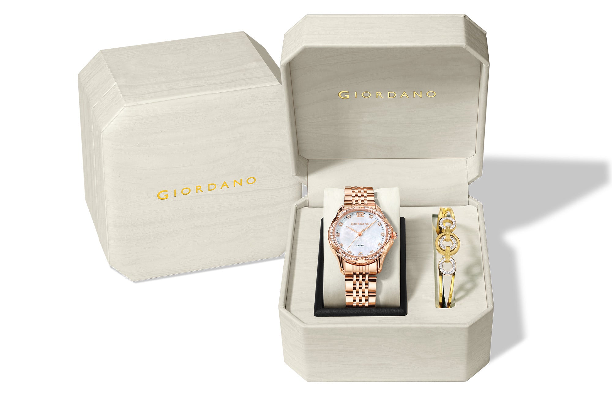 Giordano Analog Watch for Women with Bangle Gift Set - Round Diamond-Style Crystal Dial, Quartz Movement and Rose Gold Stainless Steel Strap - GZ-60157-66