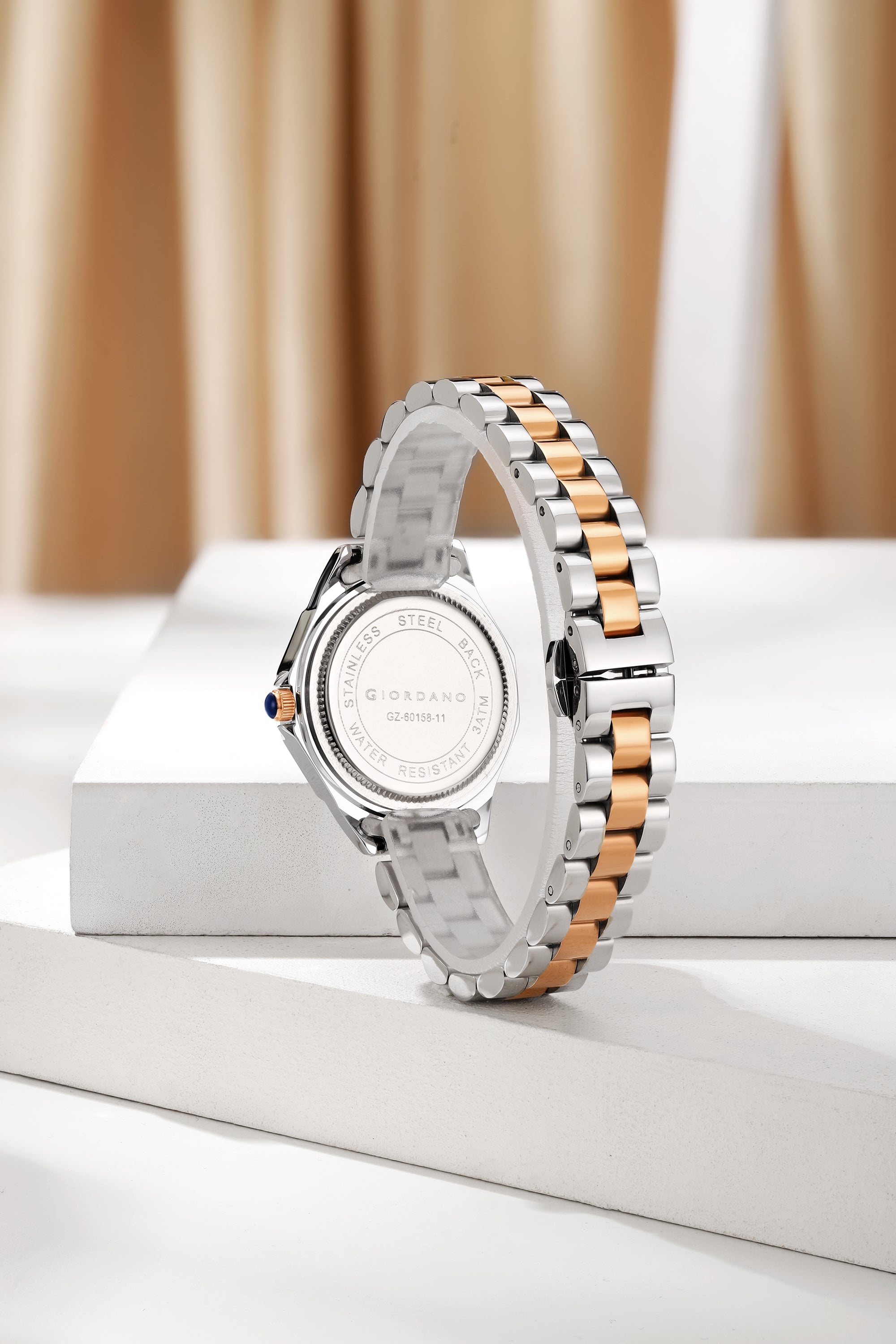 Giordano Analog Quartz Watch for Women with Textured Round Brown Dial, Square Case, Blue Crown, Silver and Rose Gold Stainless Steel Strap - GZ-60158-11