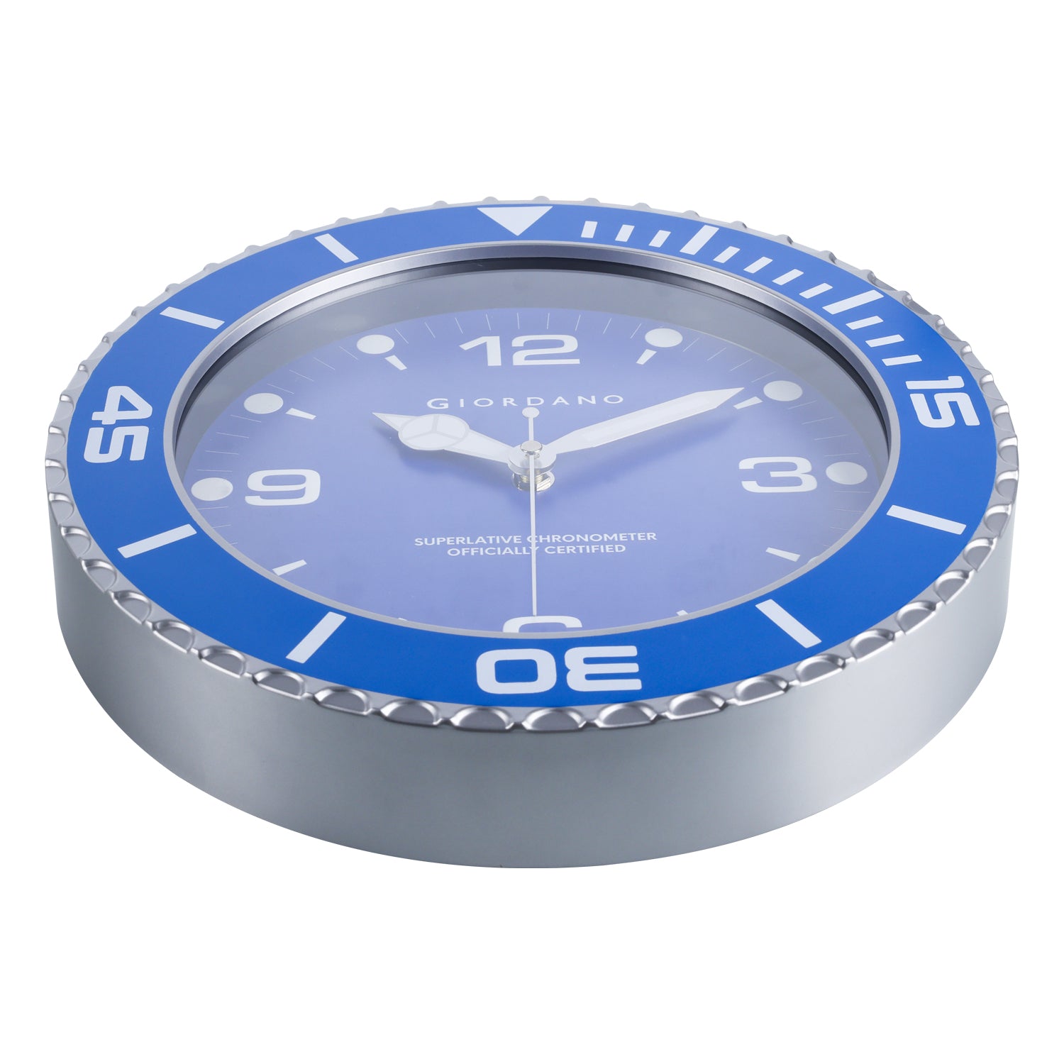 Giordano Wall Clock, Silent Sweep Non-Ticking Quartz Movement, Blue Dial, Blue Diver Style Bezel, Plastic Frame - GDCLTM2026BLU