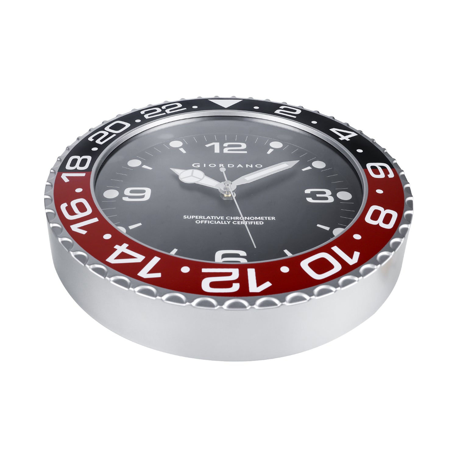 Giordano Wall Clock, Silent Sweep Non-Ticking Quartz Movement, Black Dial, Red & Black Diver Style Bezel, Plastic Frame - GDCLTM2026BLKRD