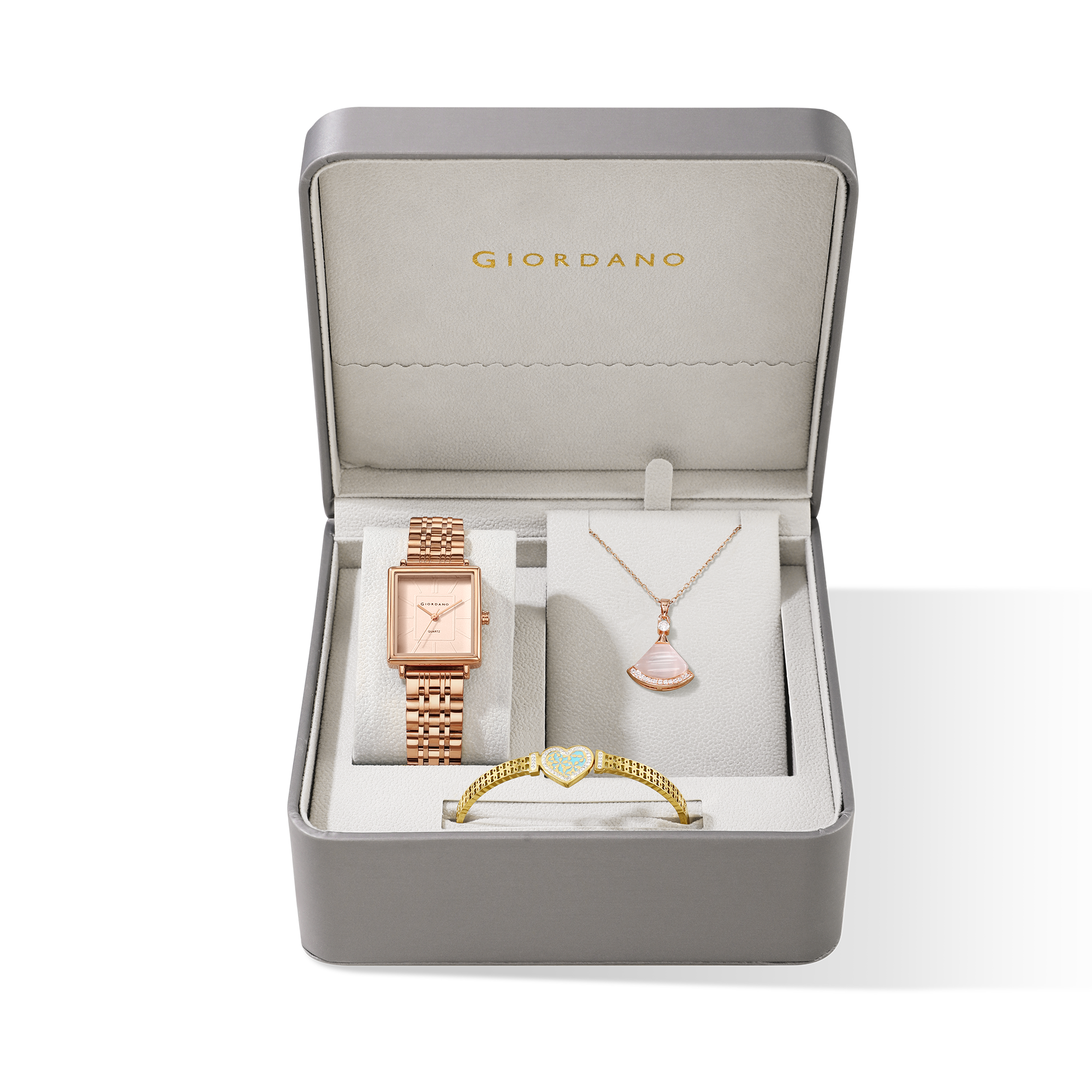Giordano Rose Gold Analog Quartz Watch Gift Set for Women – 3 Piece Combo with Rose Gold Mother of Pearl Fan Pendant Necklace & Crystal Heart Charm Bangle Bracelet, Fashion Jewelry Set - GZ-60180-22