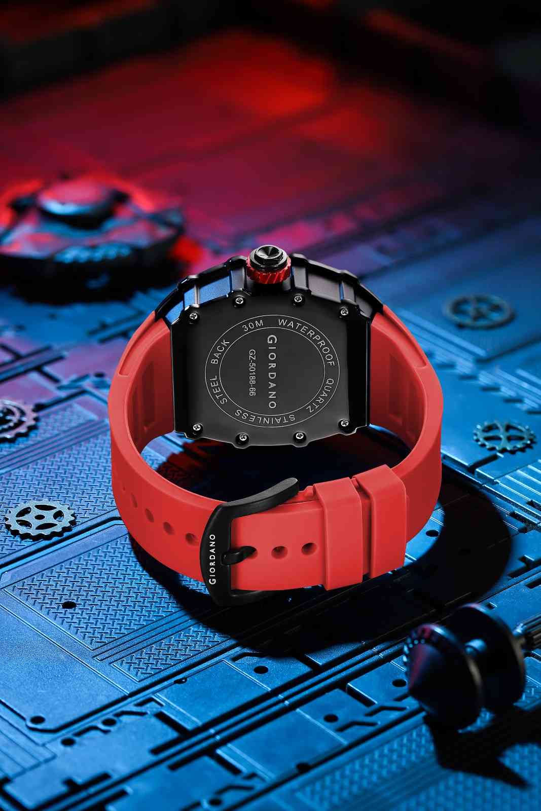 Giordano Analog Skeleton Dial Watch for Men – Tonneau Case, Silicone Strap, Open-Gear Sport Design, Quartz Movement - GZ-50188-66