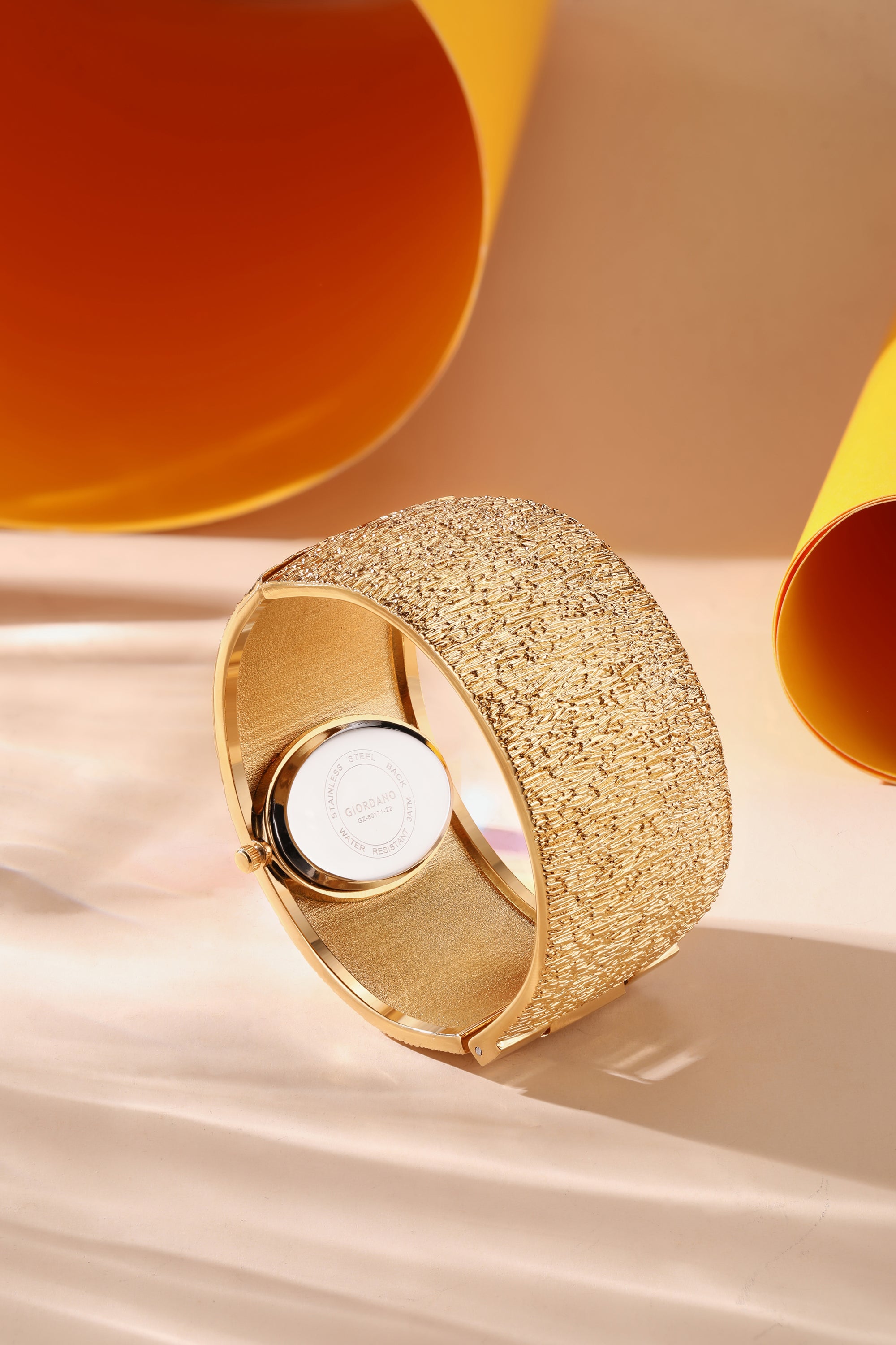 Giordano Analog Quartz Watch for Women with Oval Gold Textured Dial, Crystal Hour Markers, Stainless Steel Bangle Strap - GZ-60171-22