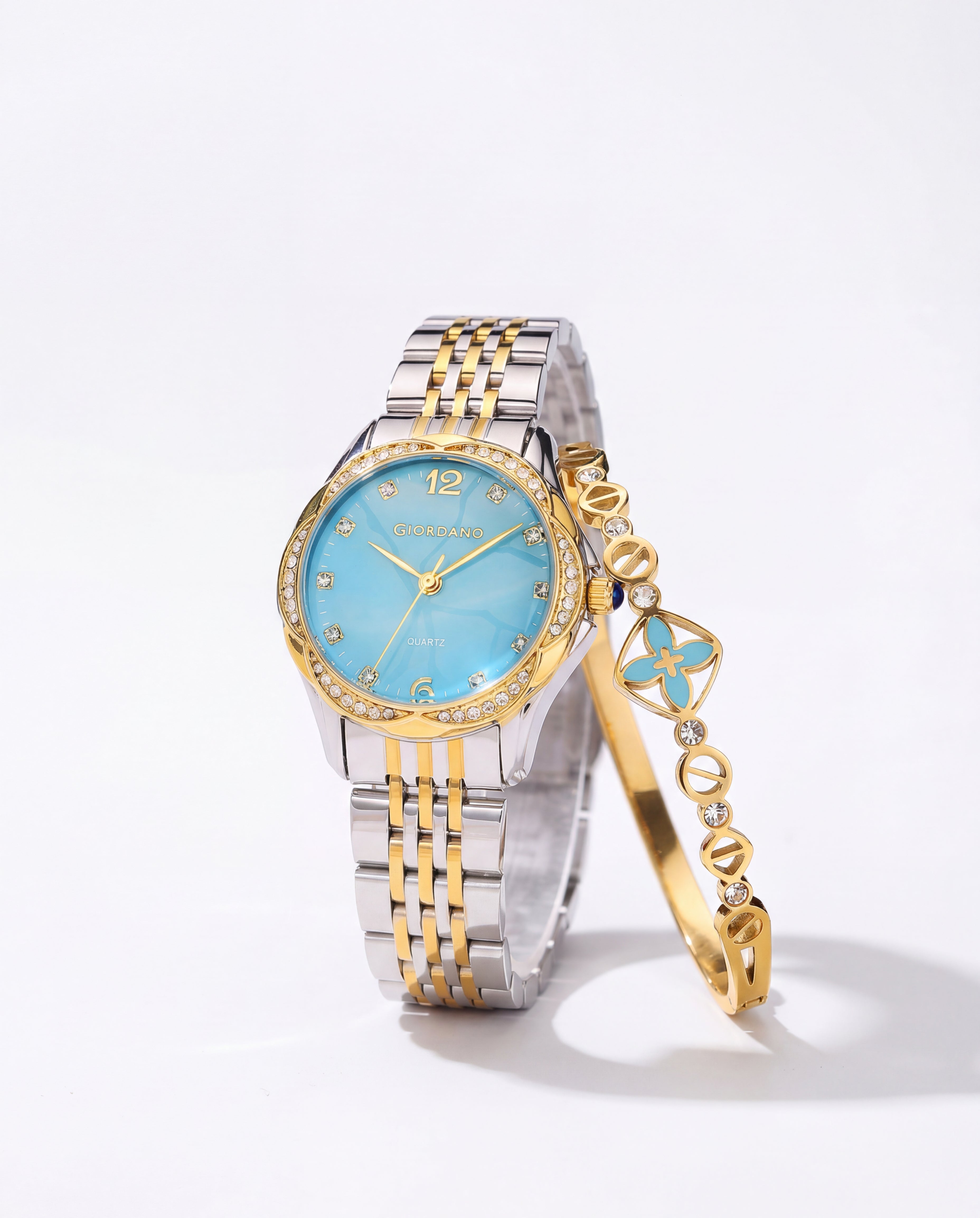 Giordano Analog Quartz Watch for Women with Textured Round Blue Dial, Flower shape case, Blue Crown, Crystal studded hour markers and bezel, Silver and Gold Stainless Steel Strap - GZ-60157-44