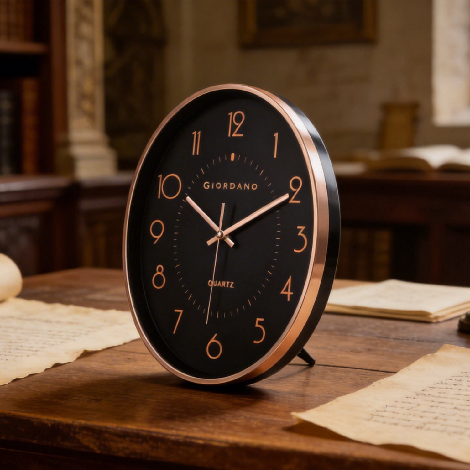 Giordano Wall Clock, Silent Sweep Non-Ticking Quartz Movement, Black Dial, Rose Gold Oval Plastic Frame, Metal Hand - GDCLTY1001RGBLK