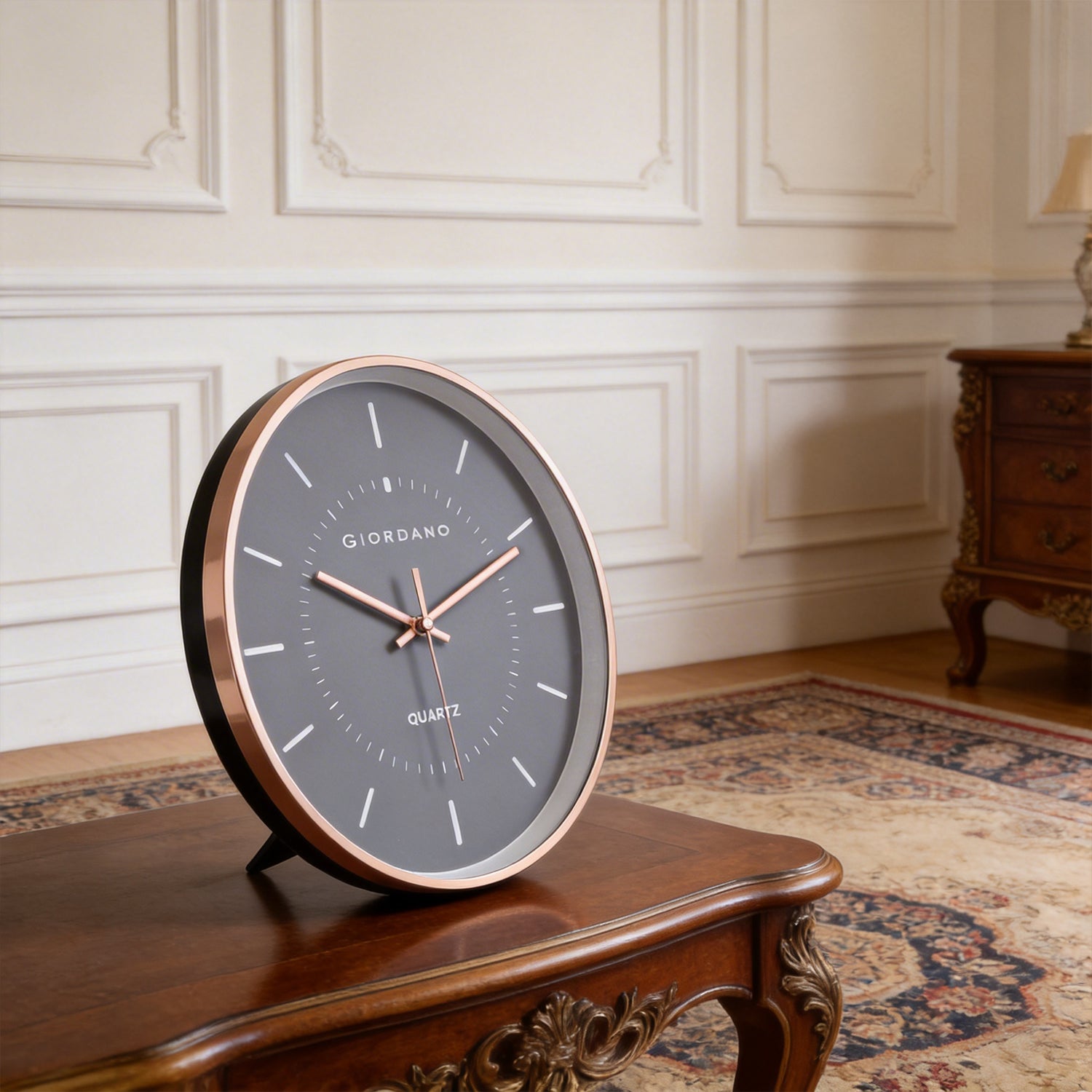 Giordano Wall Clock, Silent Sweep Non-Ticking Quartz Movement, Grey Dial, Rose Gold Oval Plastic Frame, Metal Hand - GDCLTY1001RGGRY