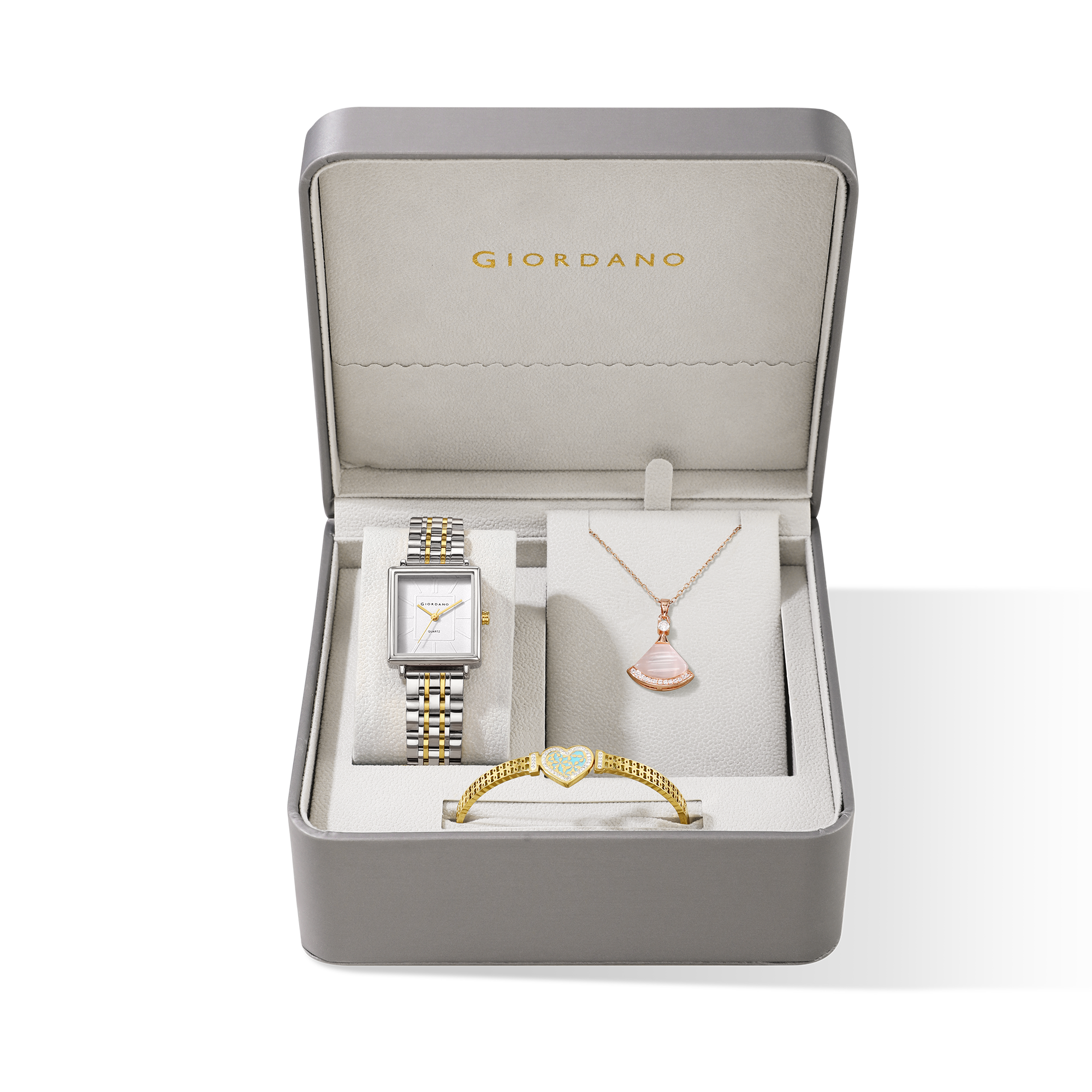 Giordano Silver & Gold Analog Quartz Watch Gift Set for Women – 3 Piece Combo with Rose Gold Mother of Pearl Fan Pendant Necklace & Crystal Heart Charm Bangle Bracelet, Fashion Jewelry Set GZ-60180-33
