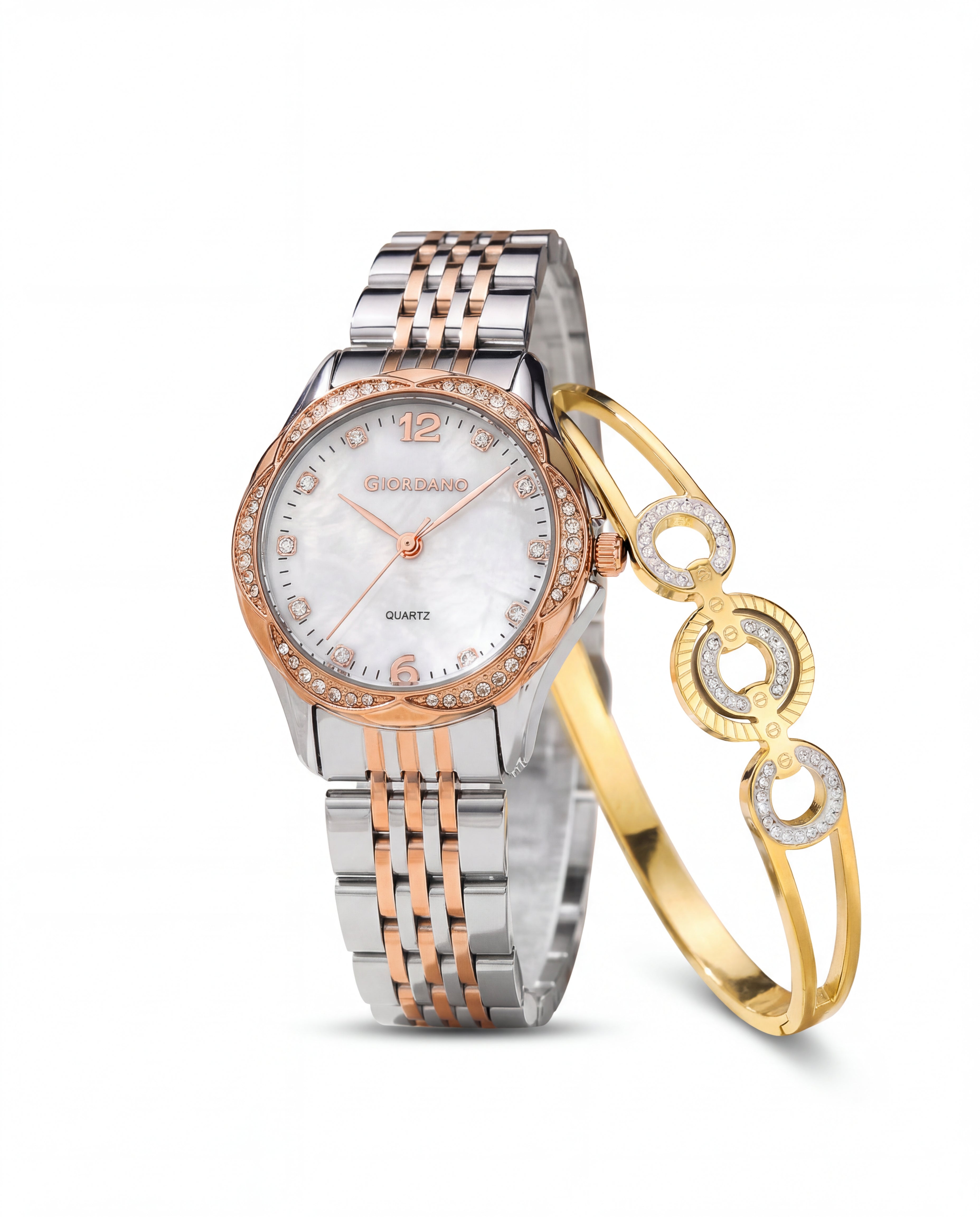 Giordano Analog Quartz Watch for Women with Textured Round White Dial, Flower shape case, Blue Crown, Crystal studded hour markers and bezel, Silver and Gold Stainless Steel Strap - GZ-60157-55