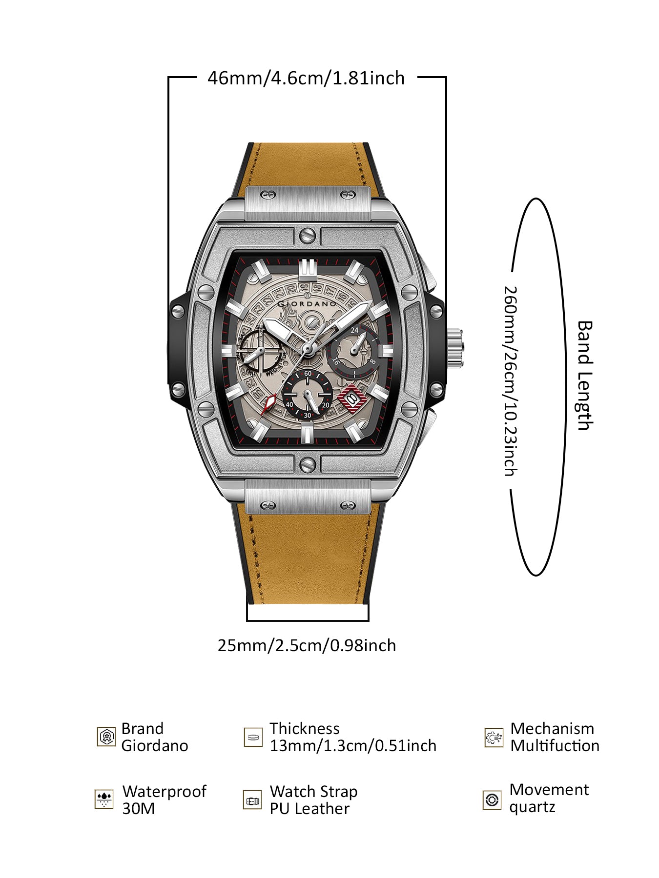 Giordano Terminator Men's Brown Leather Multifunction Watch - with Day, Date, and 24-Hour Sub-Dials | Water Resistant Square Dial Unique Design Wrist Watch for Man | GZ-50098-01