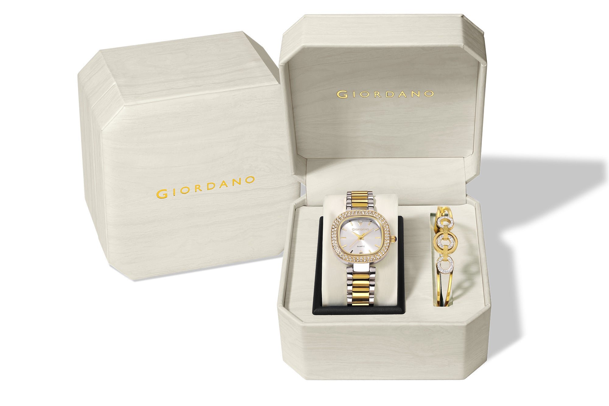 Giordano Analog Quartz Watch for Women with Bangle Square White Dial, Blue Crown, Crystal Studded Hour Markers and Bezel, Silver and Gold Stainless Steel Strap - GZ-60166-11