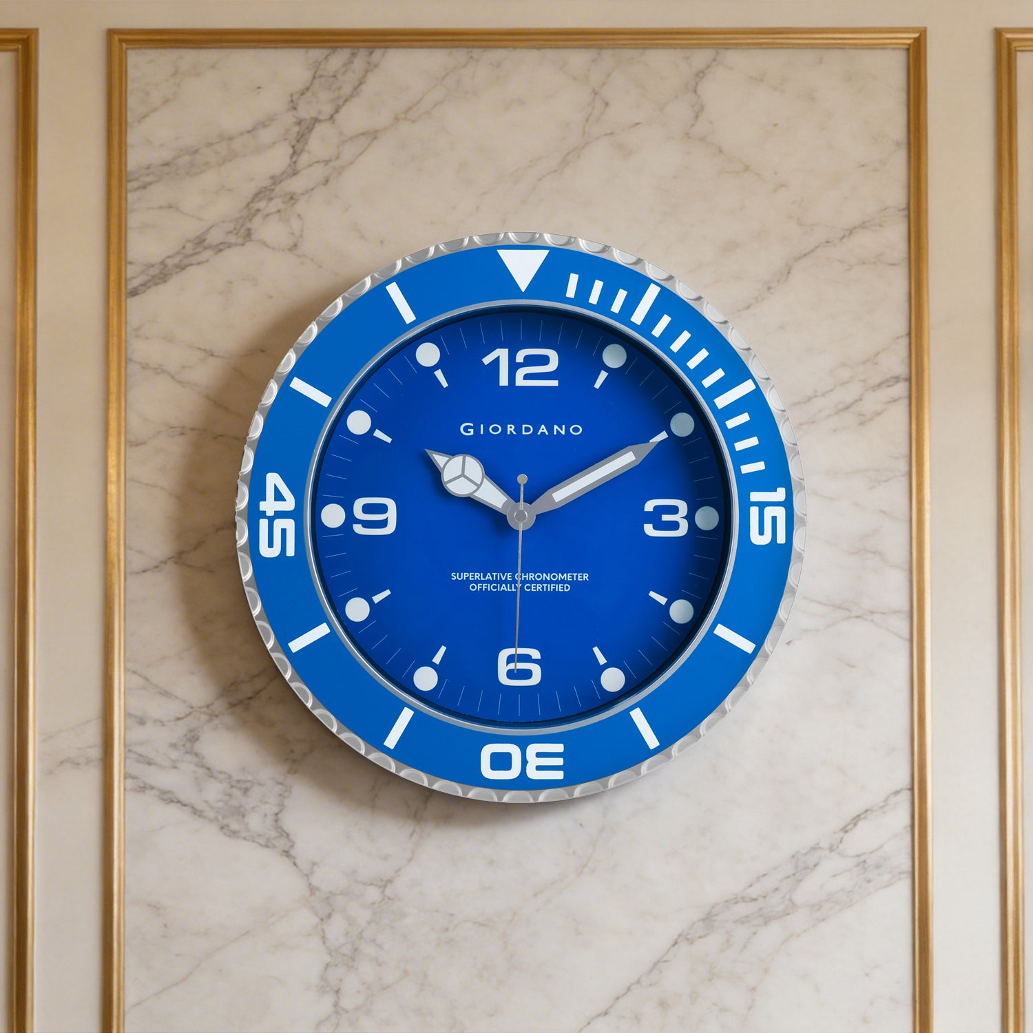 Giordano Wall Clock, Silent Sweep Non-Ticking Quartz Movement, Blue Dial, Blue Diver Style Bezel, Plastic Frame - GDCLTM2026BLU