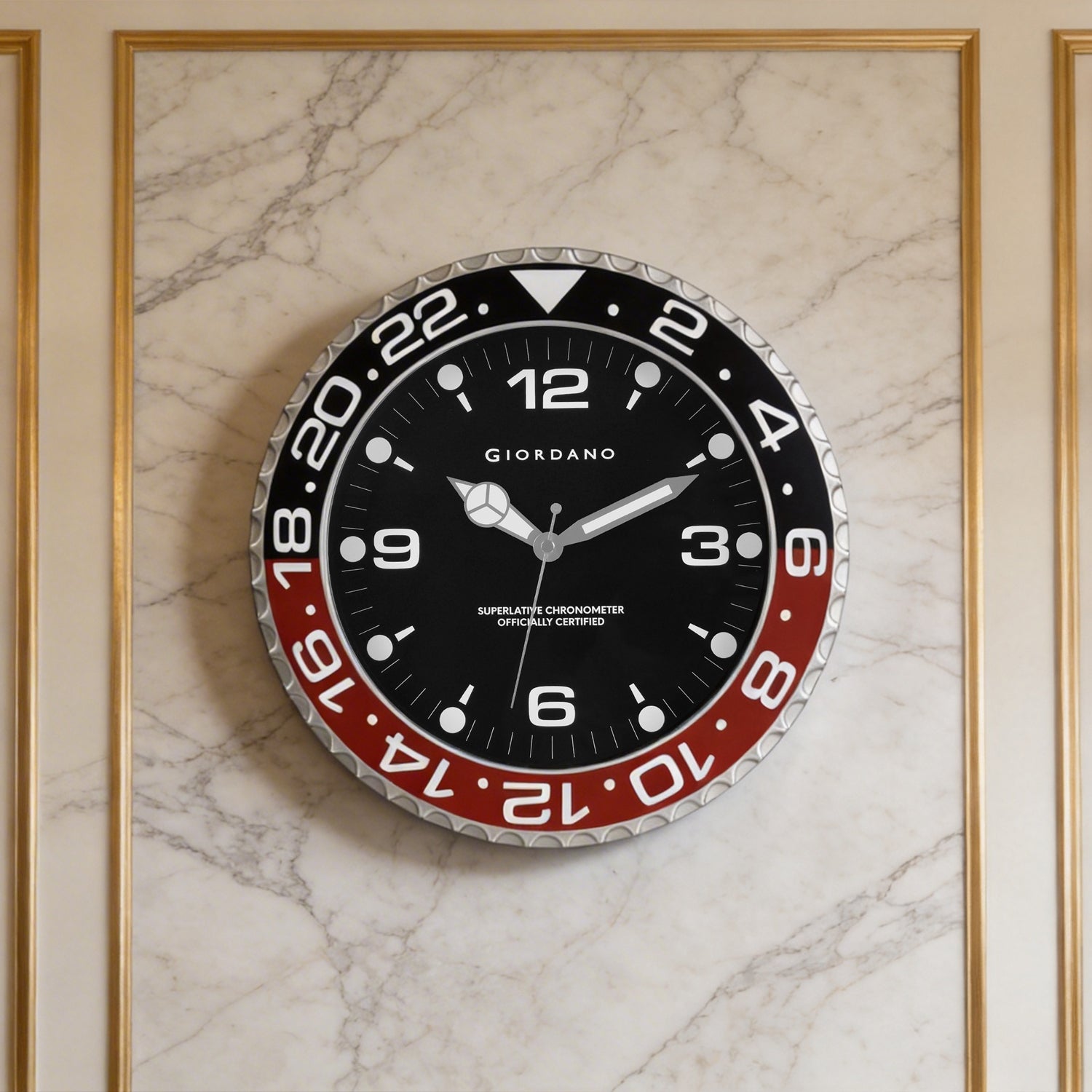 Giordano Wall Clock, Silent Sweep Non-Ticking Quartz Movement, Black Dial, Red & Black Diver Style Bezel, Plastic Frame - GDCLTM2026BLKRD