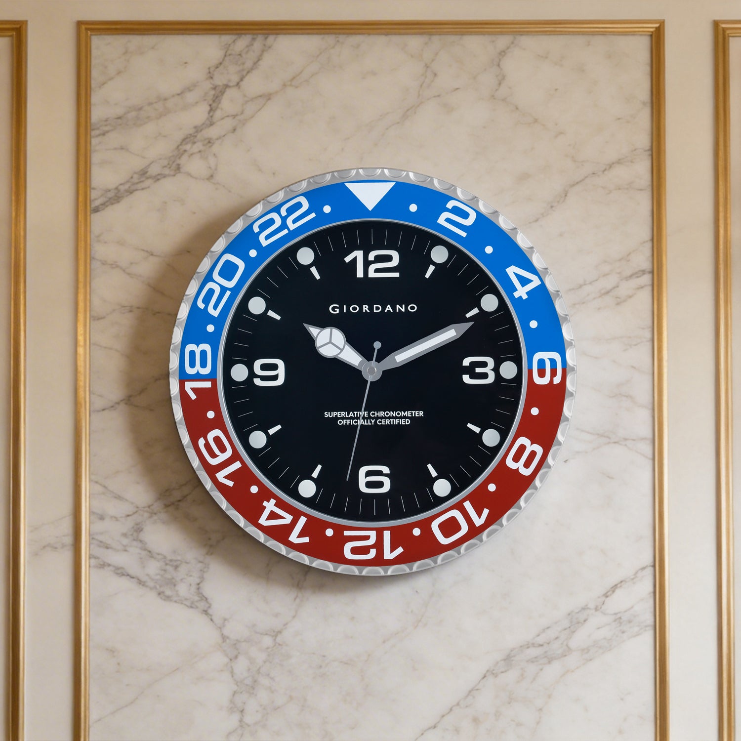 Giordano Wall Clock, Silent Sweep Non-Ticking Quartz Movement, Black Dial, Blue & Black Diver Style Bezel, Plastic Frame - GDCLTM2026BLRD