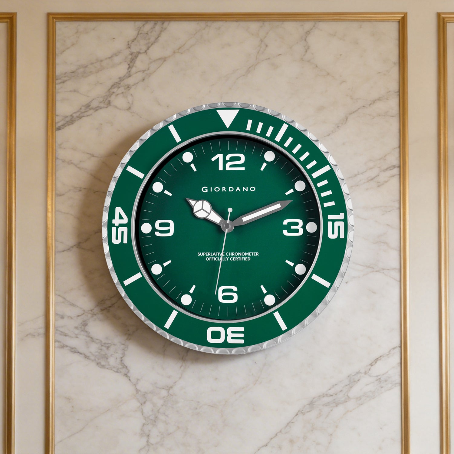 Giordano Wall Clock, Silent Sweep Non-Ticking Quartz Movement, Green Dial, Green Diver Style Bezel, Plastic Frame - GDCLTM2026GRN