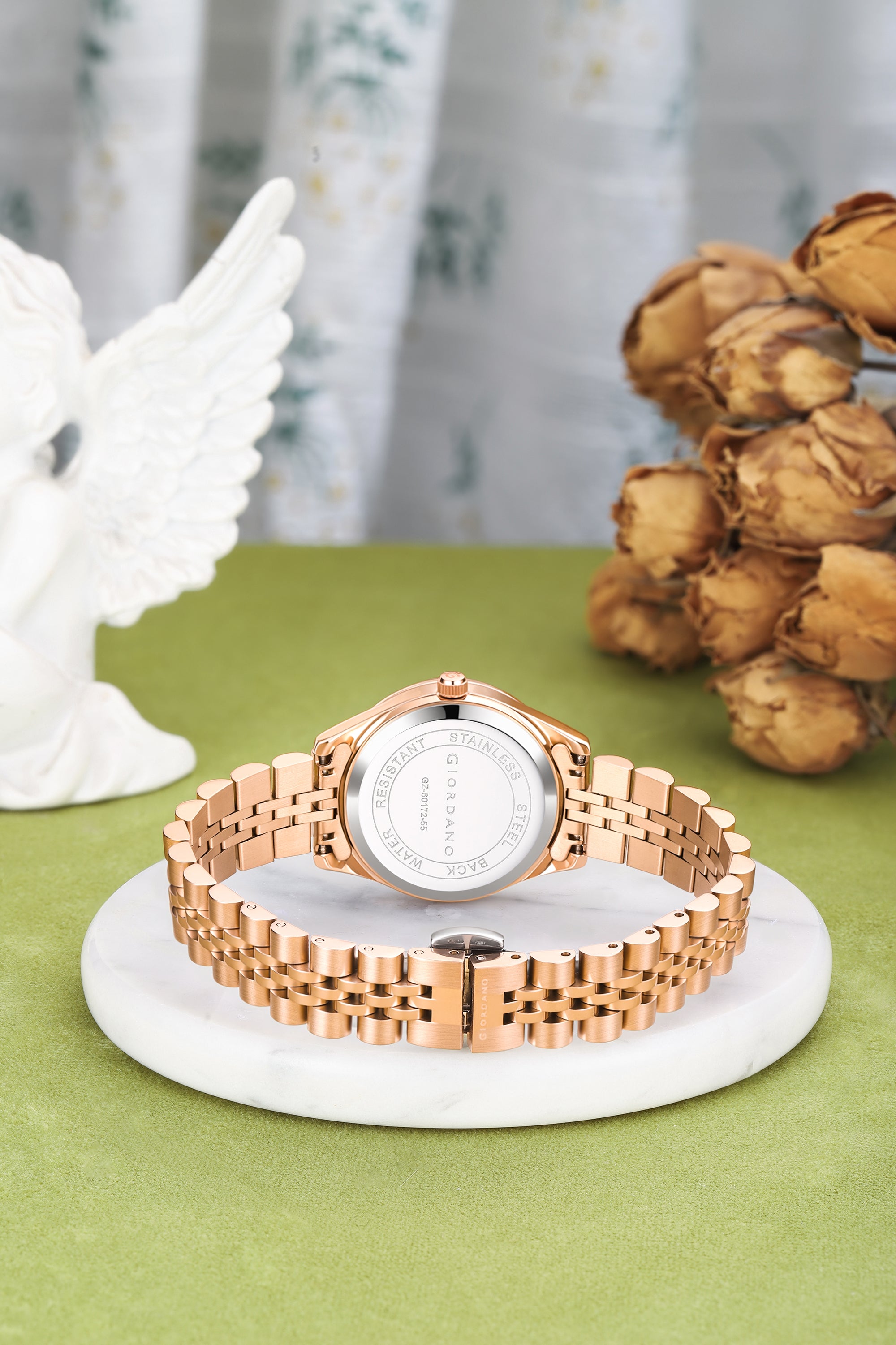 Giordano Analog Quartz Watch for Women with Day & Date Display, Textured Dial, Diamond Hour Markers, Roman Numerals Stainless Steel Strap - GZ-60172-55