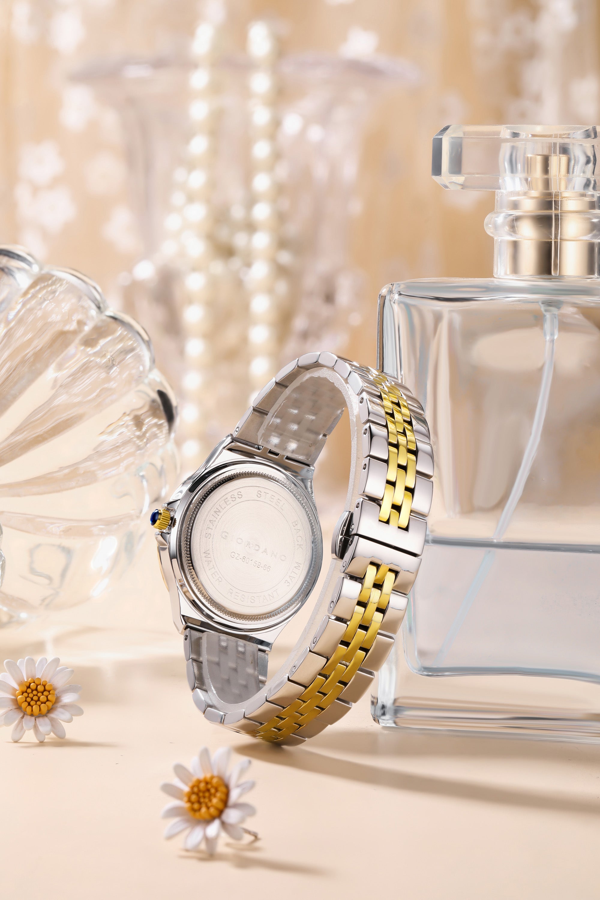 Giordano Analog Quartz Watch for Women with Round White Dial, Crystal Studded Bezel, Blue Crown, Luminous Hands, Silver and Gold Stainless Steel Strap - GZ-60159-66