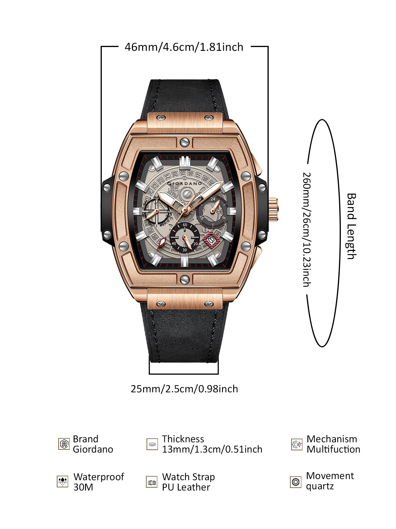 जिओडैनो टर्मिनेटर पुरुषों की रोज़ गोल्ड लेदर मल्टीफंक्शन वॉच - डे, डेट और 24-घंटे सब-डायल के साथ | पुरुषों के लिए वाटर रेसिस्टेंट स्क्वायर डायल यूनिक डिज़ाइन रिस्ट वॉच | GZ-50098-02