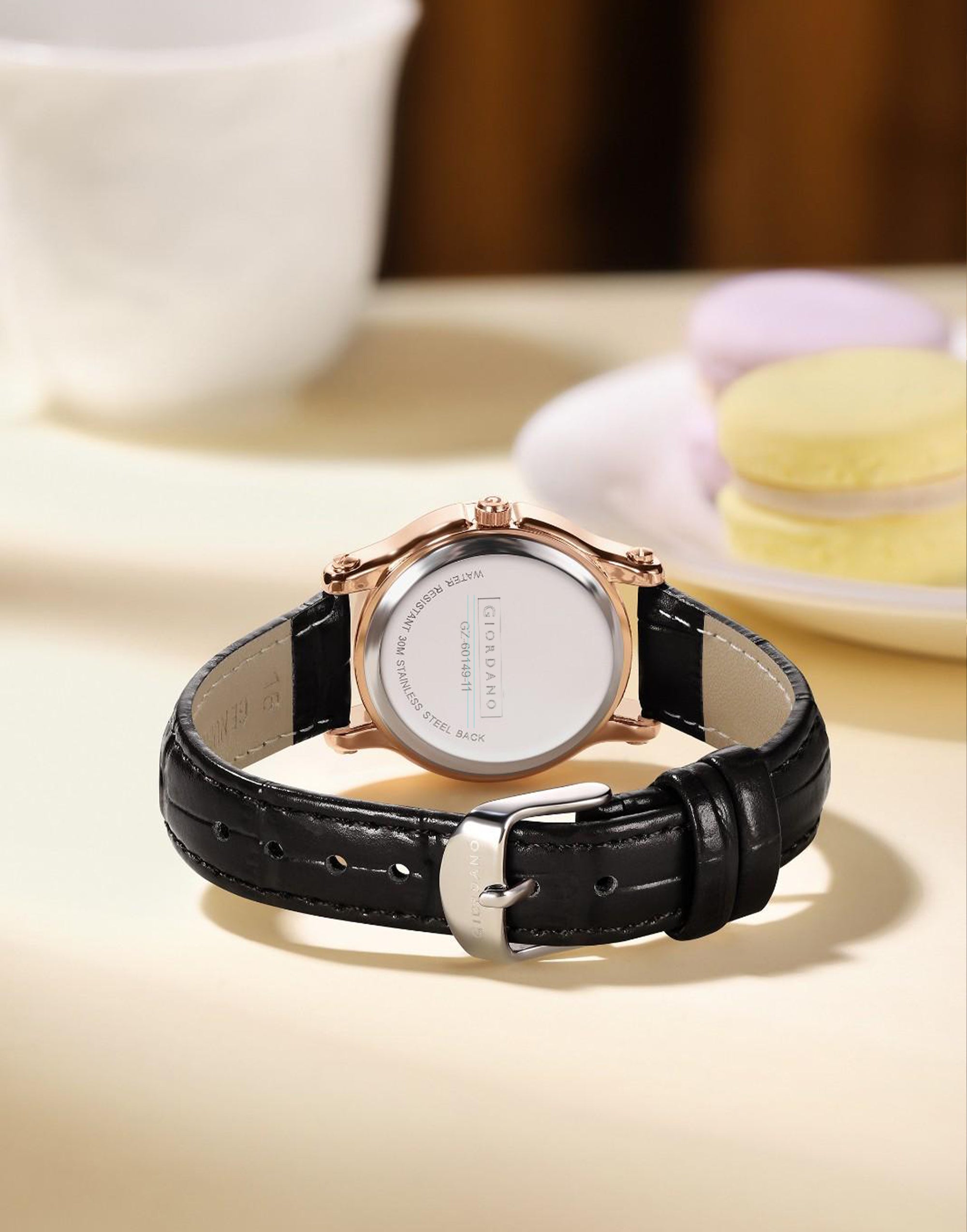 Giordano Elegant Analog Watch for Women with Round Dial & Dancing Diamonds, Arabic Numerals, Blue Crown and Leather Strap - GZ-60149-01