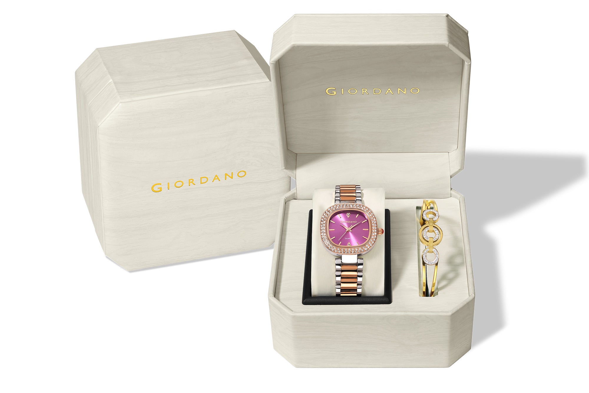 Giordano Analog Quartz Watch for Women with Bangle Square Purple Dial, Blue Crown, Crystal Studded Hour Markers and Bezel, Silver and Rose Gold Stainless Steel Strap - GZ-60166-22