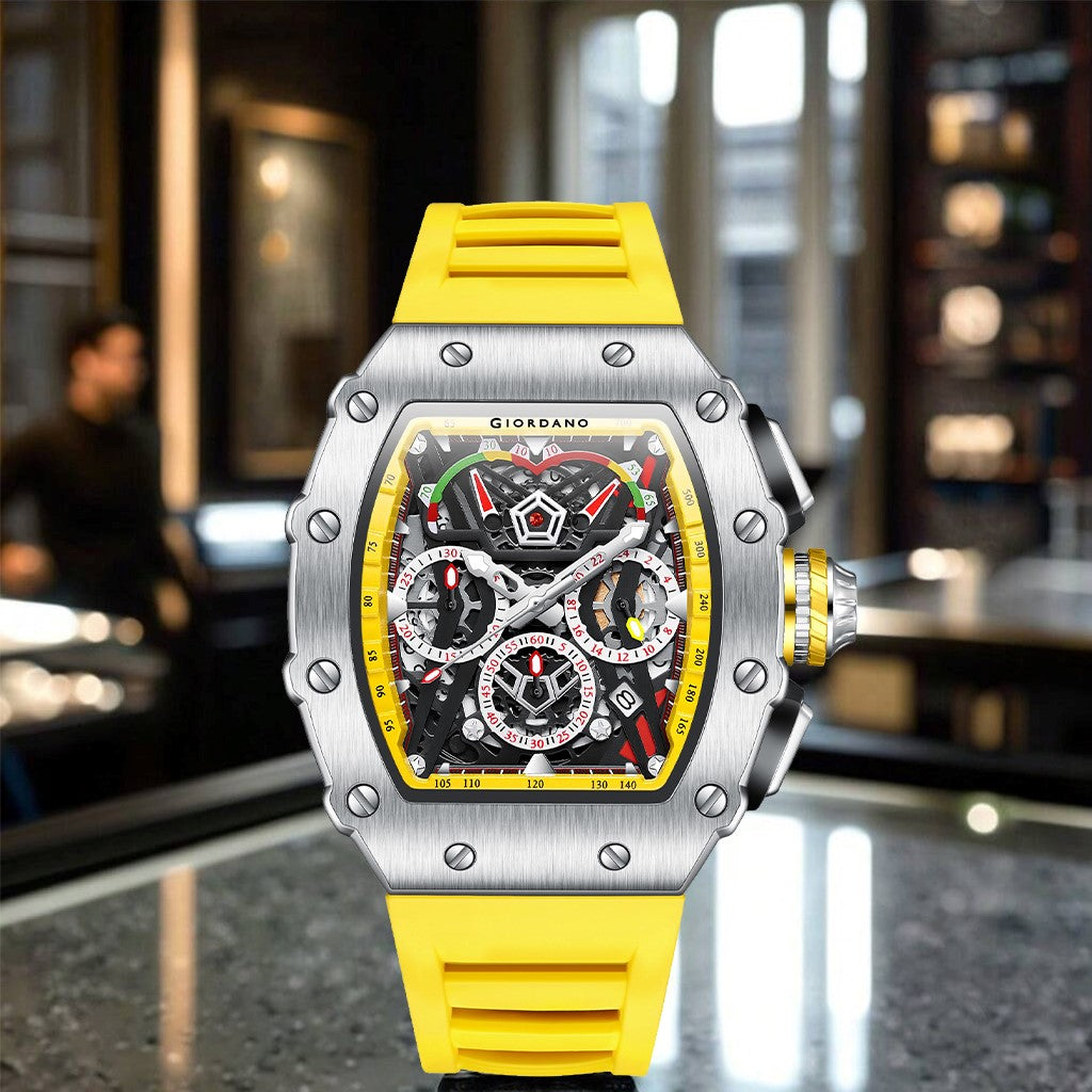 Giordano SPYDER Multifunction Watch - with Day, Date, and 24-Hour Sub-Dials | Water Resistant Square dial Unique Design Wrist Watch for Man | Best Gift for Males - GZ-50120-05