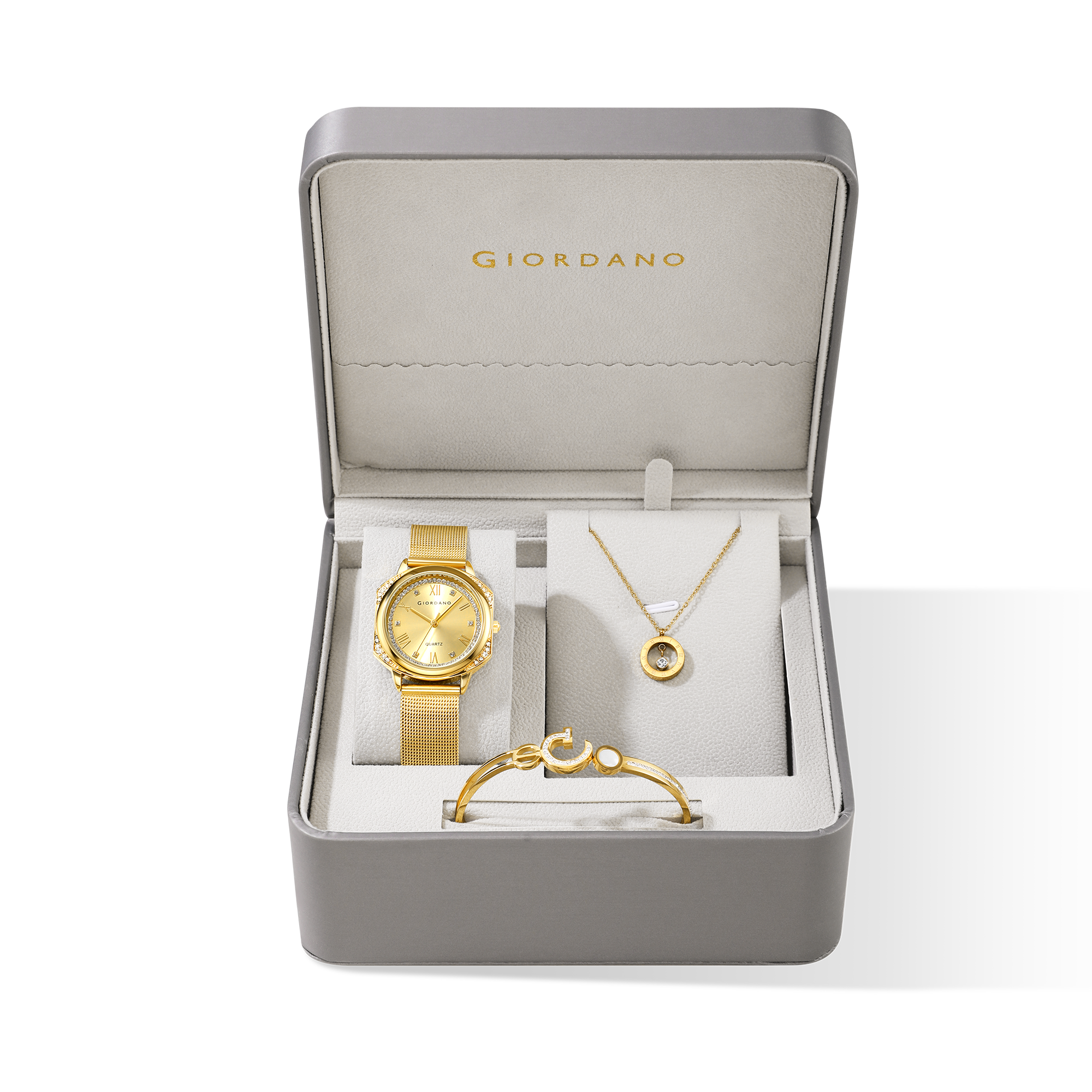 Giordano Gold Analog Quartz Watch Gift Set for Women – 3 Piece Combo with Mesh Strap, Roman Numeral Crystal Studded Dial, Pendant Necklace & Bangle Bracelet, Fashion Jewelry Set - GZ-60183-11