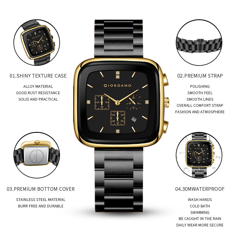 Giordano Square Face Watch for Men – Multifunction Dial with Date Display, Sleek Stainless Steel Strap, Modern Design for Everyday Elegance | GZ-50162-33