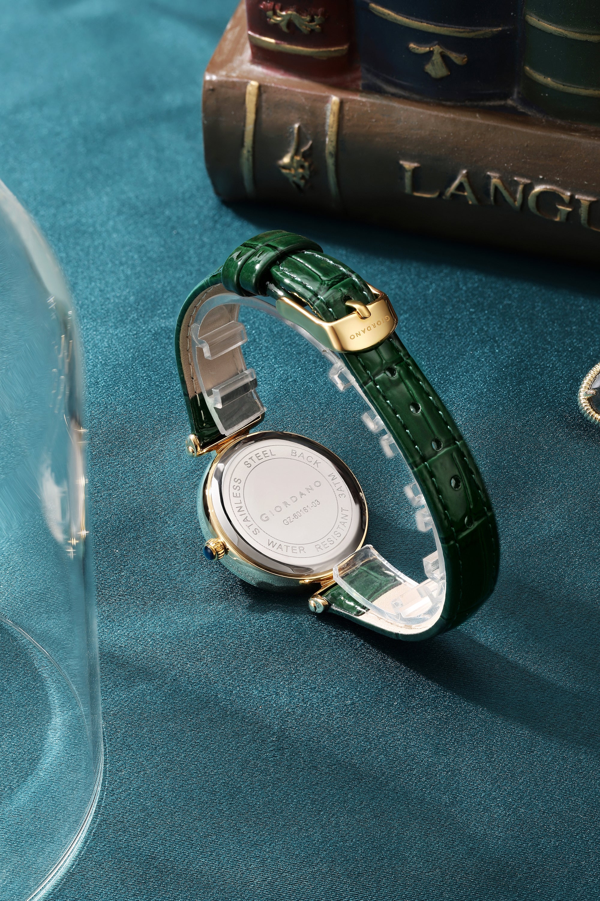 Giordano Analog Quartz Watch for Women with sunray Round Green Dial, Blue Crown, Luminos hands and Crystal hour markers, Silver Leather Strap - GZ-60161-03