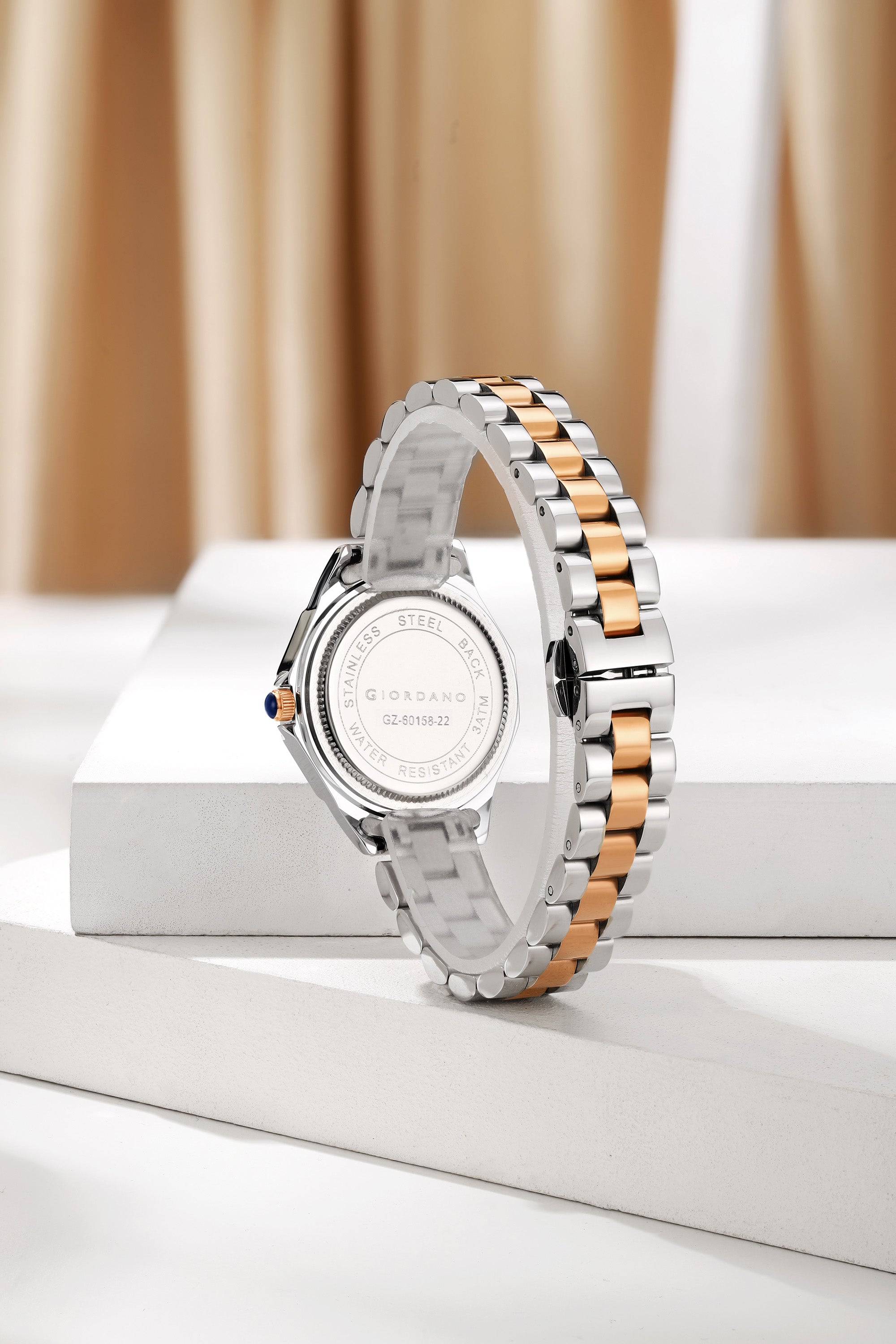 Giordano Analog Quartz Watch for Women with Textured Round Blue Dial, Square Case, Blue Crown, Silver and Rose Gold Stainless Steel Strap - GZ-60158-22