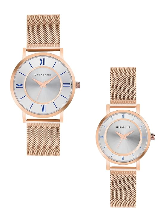Giordano Rose Gold  Analog Stylish Watch for Couple with Stylish dial with Roman Indicess and mesh Metal Strap GD-1172-SETA-11