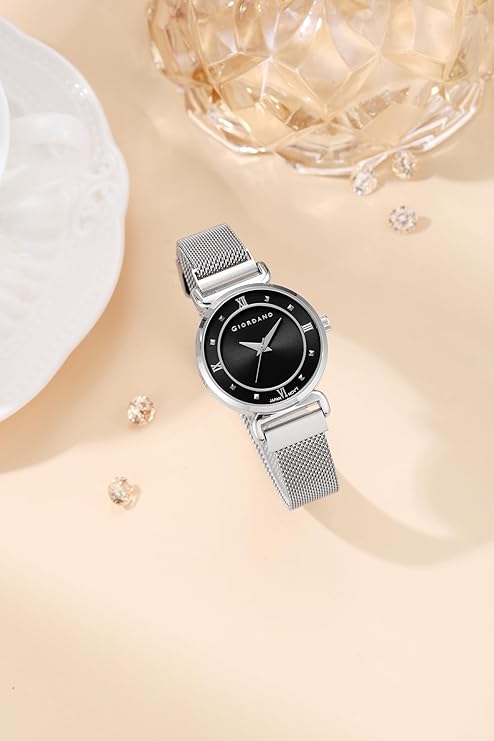 Giordano Silver  Analog Stylish Watch for Women with Mesh Metal Strap, 3 Hand Mechanism and Roman Numerals GZ-60062-11