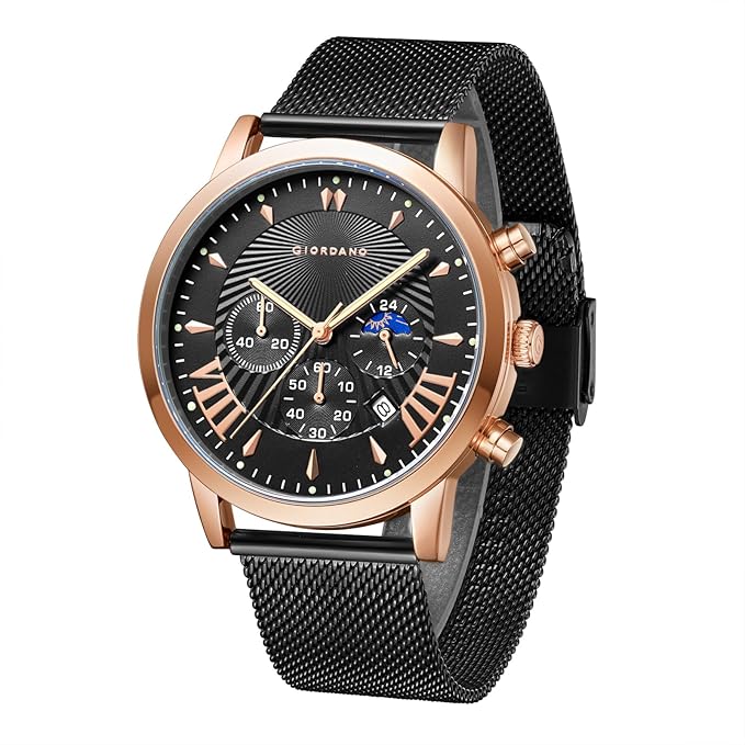 Giordano Black रोमन अंकों और स्टेनलेस स्टील स्ट्रैप के साथ पुरुषों के लिए स्टाइलिश मल्टीफंक्शनल वॉच GZ-50056-22
