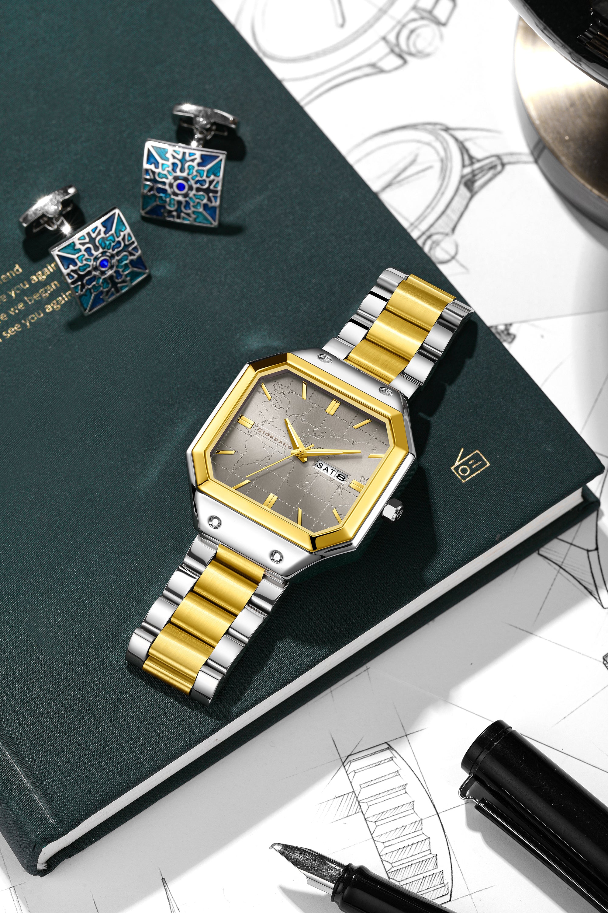 Giordano Premium  watch for men – Unique Octagone Case, Stainless Steel Band with Day & Date Display-GZ-50126-33