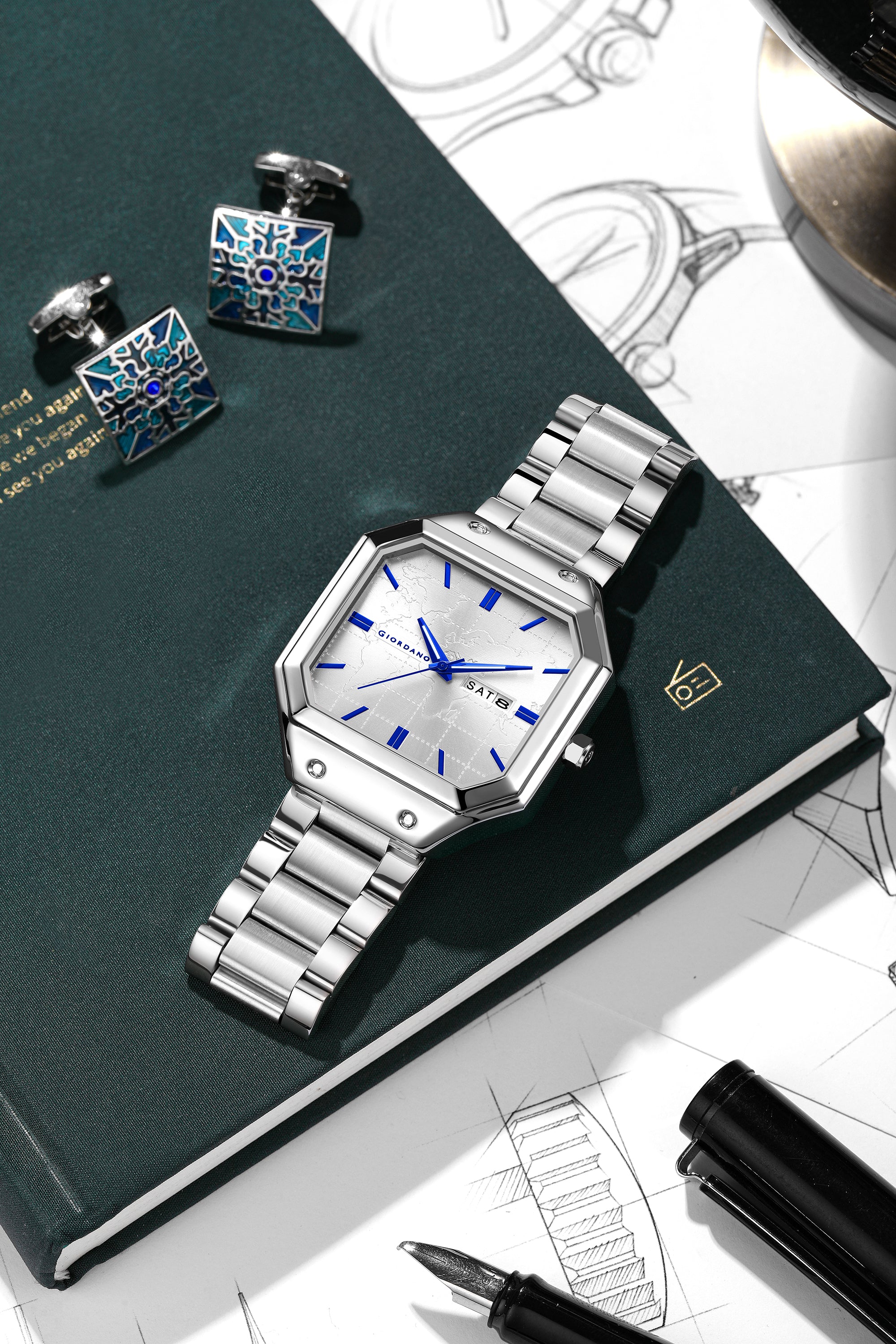 Giordano Premium  watch for men – Unique Octagone Case, Stainless Steel Band with Day & Date Display-GZ-50126-22