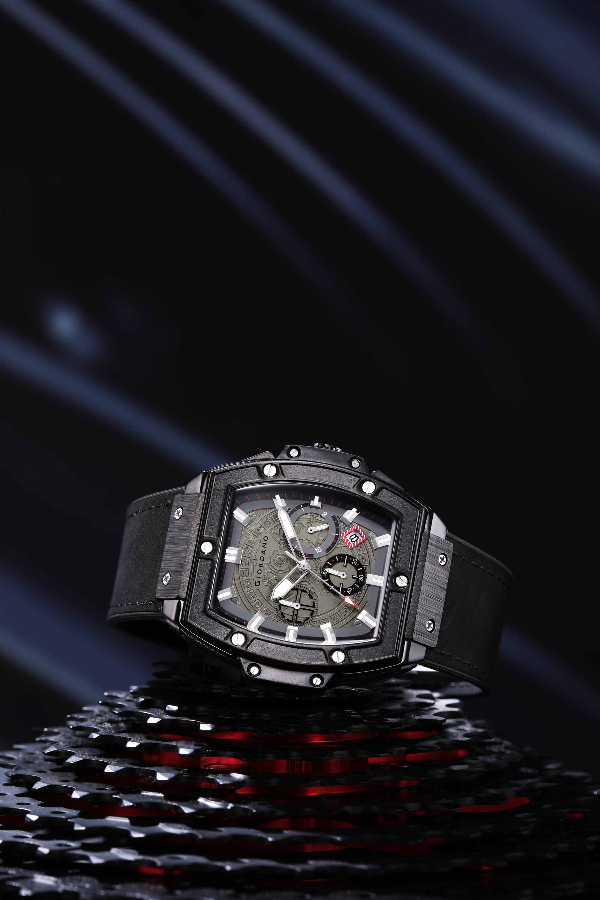 Giordano Terminator Men's Black Leather Multifunction Watch - with Day, Date, and 24-Hour Sub-Dials | Water Resistant Square Dial Unique Design Wrist Watch for Man | GZ-50098-03