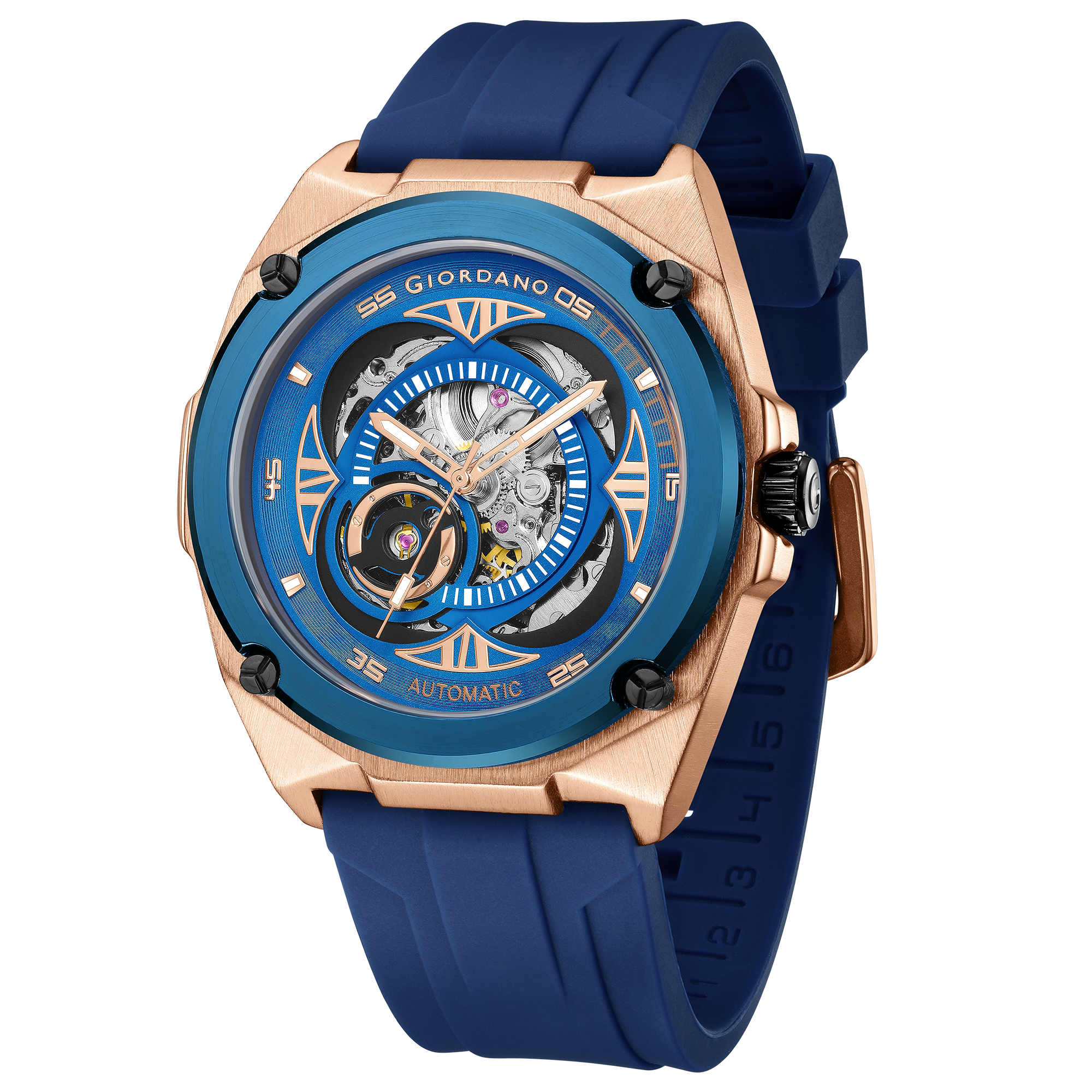 Giordano Watch for Men with Blue Round Skeleton Dial, Exposed Automatic Mechanical Movement, Luminous Hands and Hour Markers and Blue Silicone Strap - GZ-50244-02