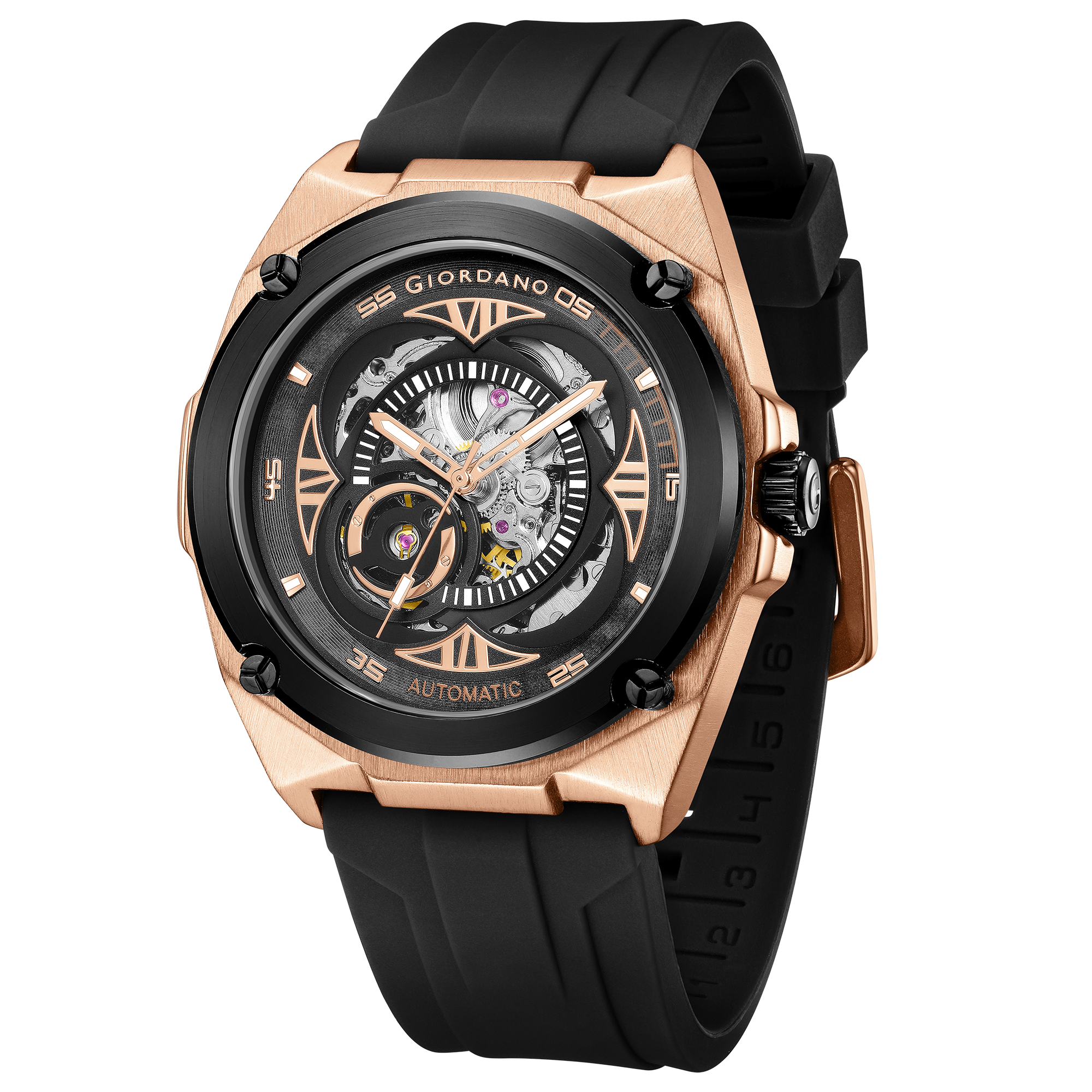 Giordano Watch for Men with Black Round Skeleton Dial, Exposed Automatic Mechanical Movement, Luminous Hands and Hour Markers and Black Silicone Strap - GZ-50244-03