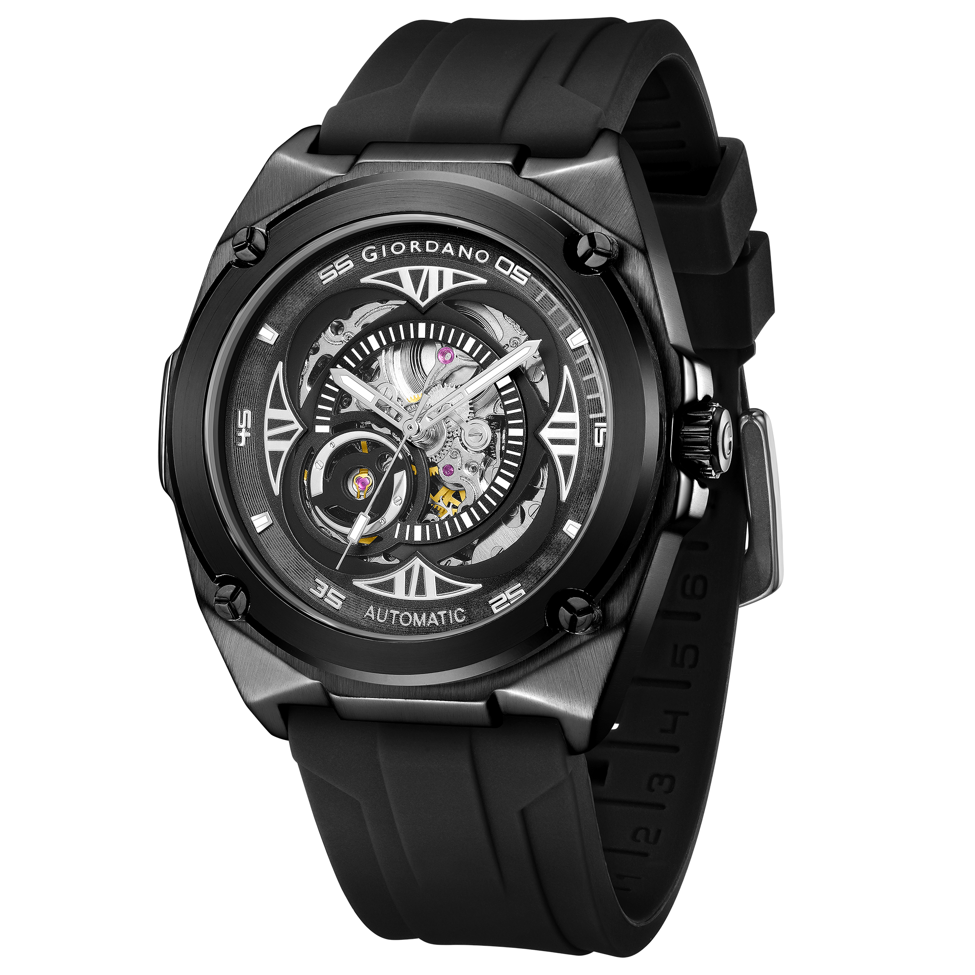 Giordano Watch for Men with Black Round Skeleton Dial, Exposed Automatic Mechanical Movement, Luminous Hands and Hour Markers and Black Silicone Strap - GZ-50244-01