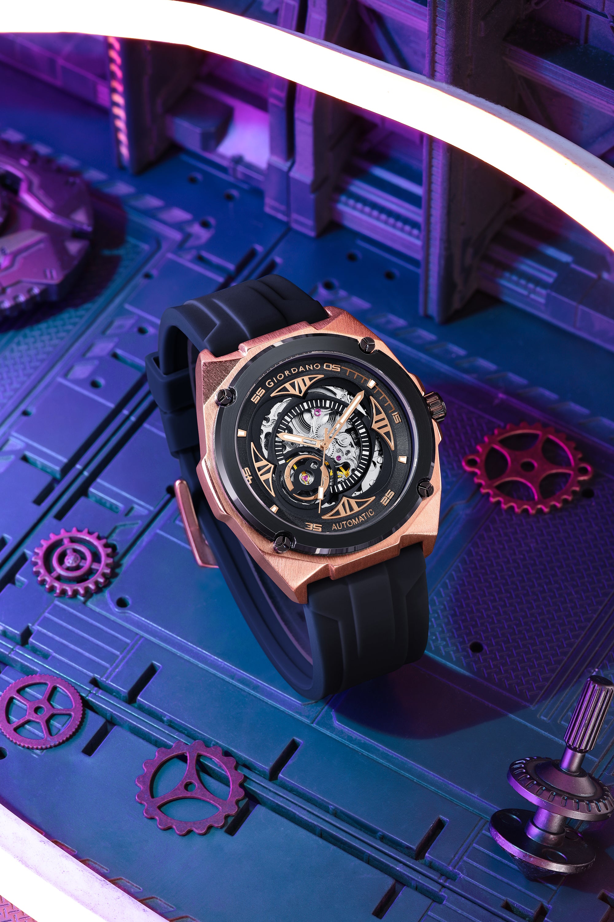 Giordano Watch for Men with Black Round Skeleton Dial, Exposed Automatic Mechanical Movement, Luminous Hands and Hour Markers and Black Silicone Strap - GZ-50244-03