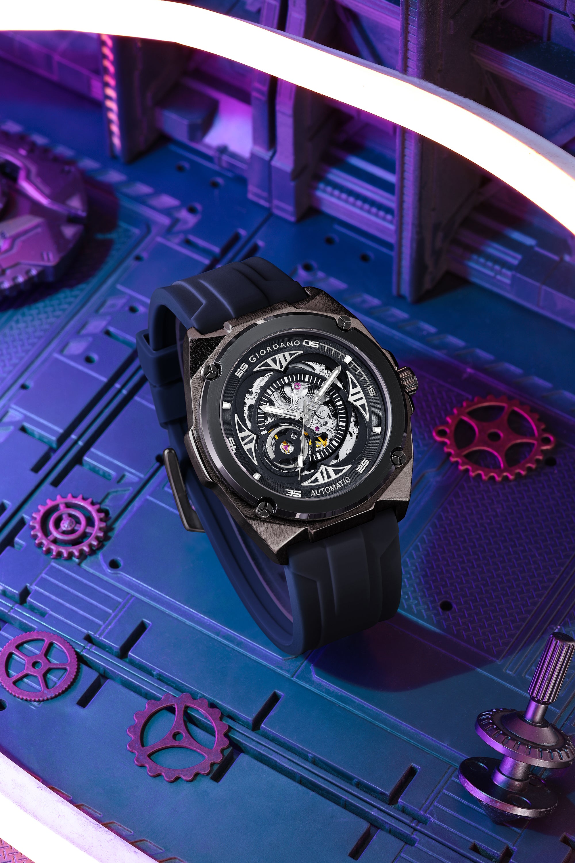 Giordano Watch for Men with Black Round Skeleton Dial, Exposed Automatic Mechanical Movement, Luminous Hands and Hour Markers and Black Silicone Strap - GZ-50244-01