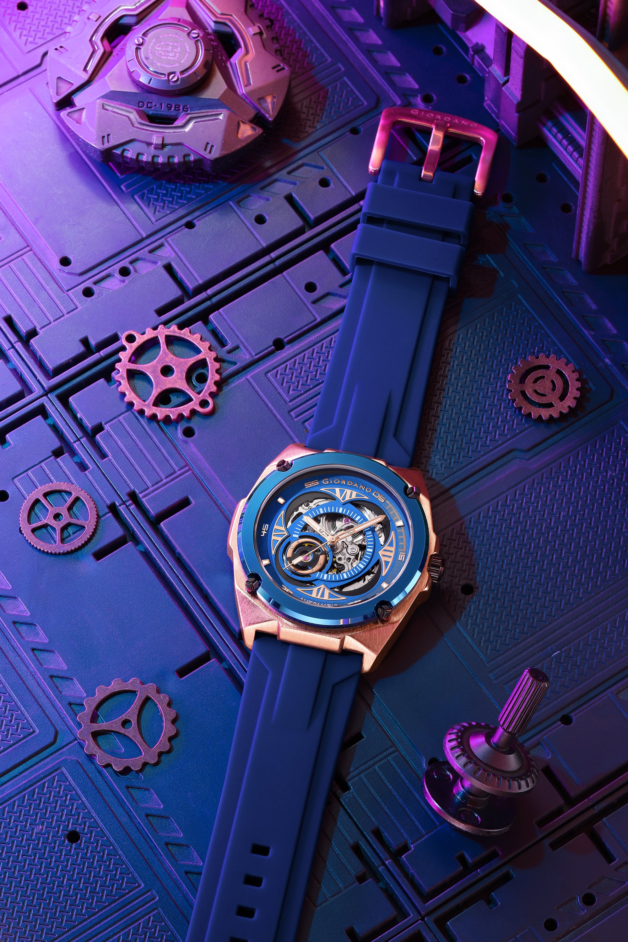 Giordano Watch for Men with Blue Round Skeleton Dial, Exposed Automatic Mechanical Movement, Luminous Hands and Hour Markers and Blue Silicone Strap - GZ-50244-02