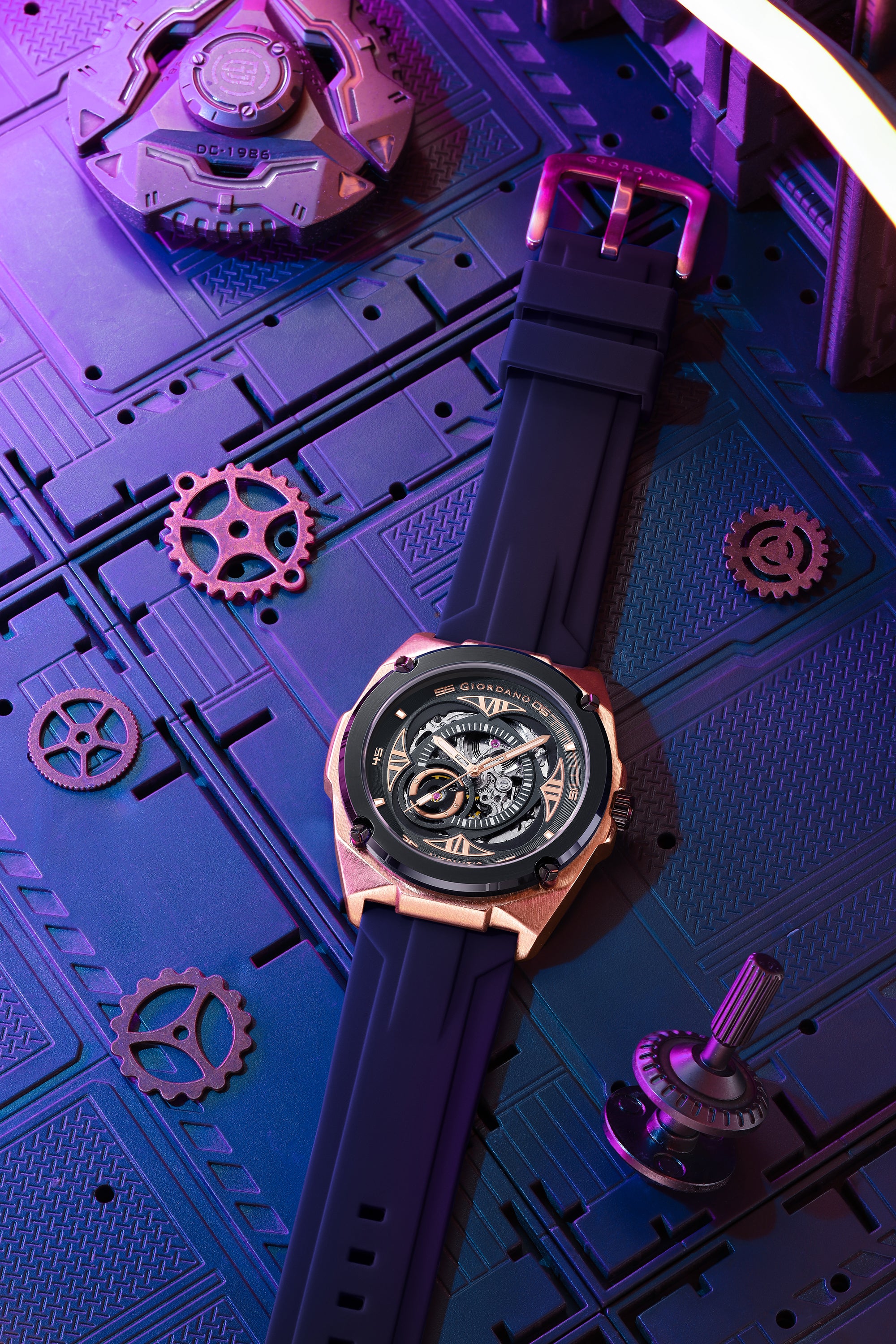 Giordano Watch for Men with Black Round Skeleton Dial, Exposed Automatic Mechanical Movement, Luminous Hands and Hour Markers and Black Silicone Strap - GZ-50244-03