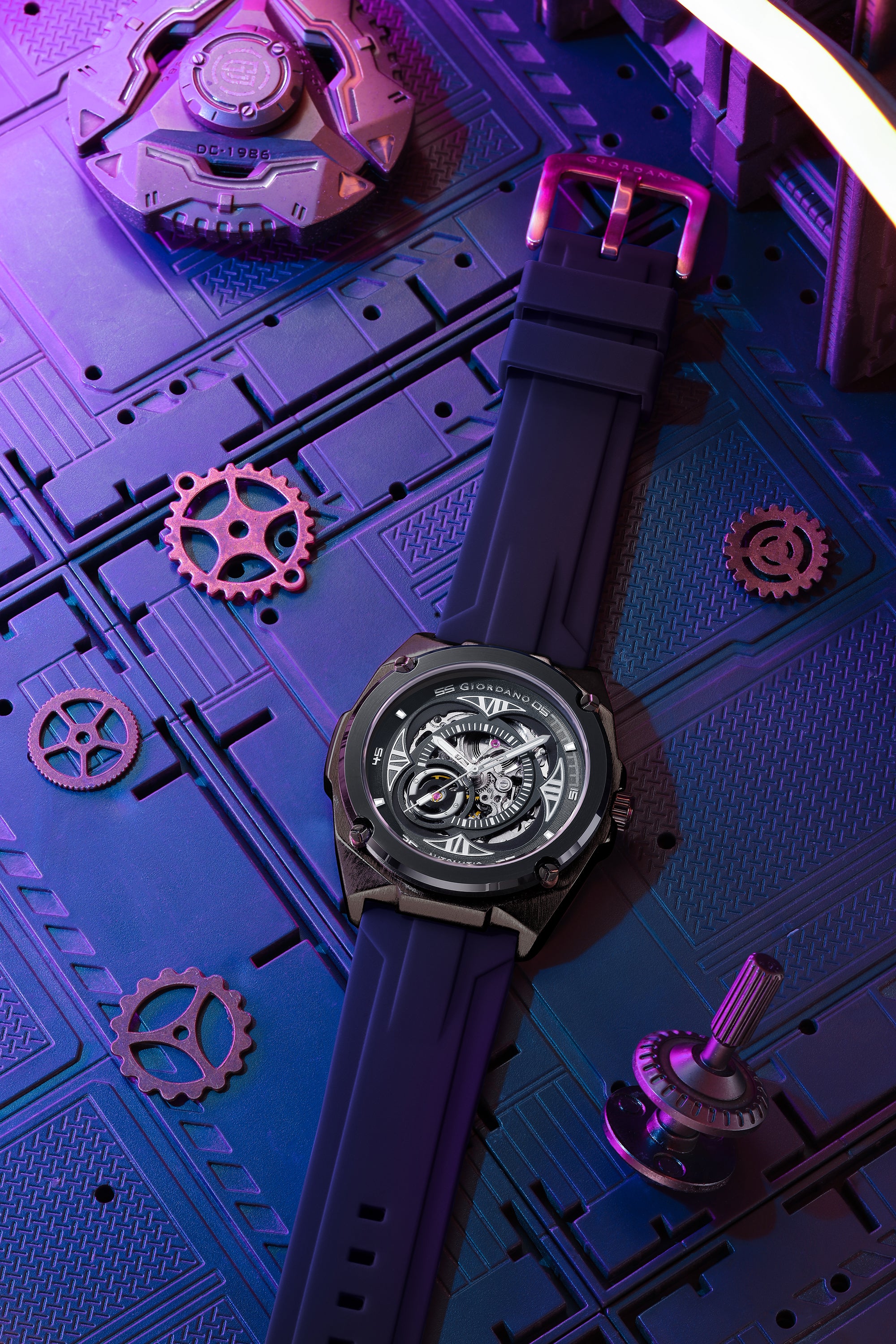Giordano Watch for Men with Black Round Skeleton Dial, Exposed Automatic Mechanical Movement, Luminous Hands and Hour Markers and Black Silicone Strap - GZ-50244-01
