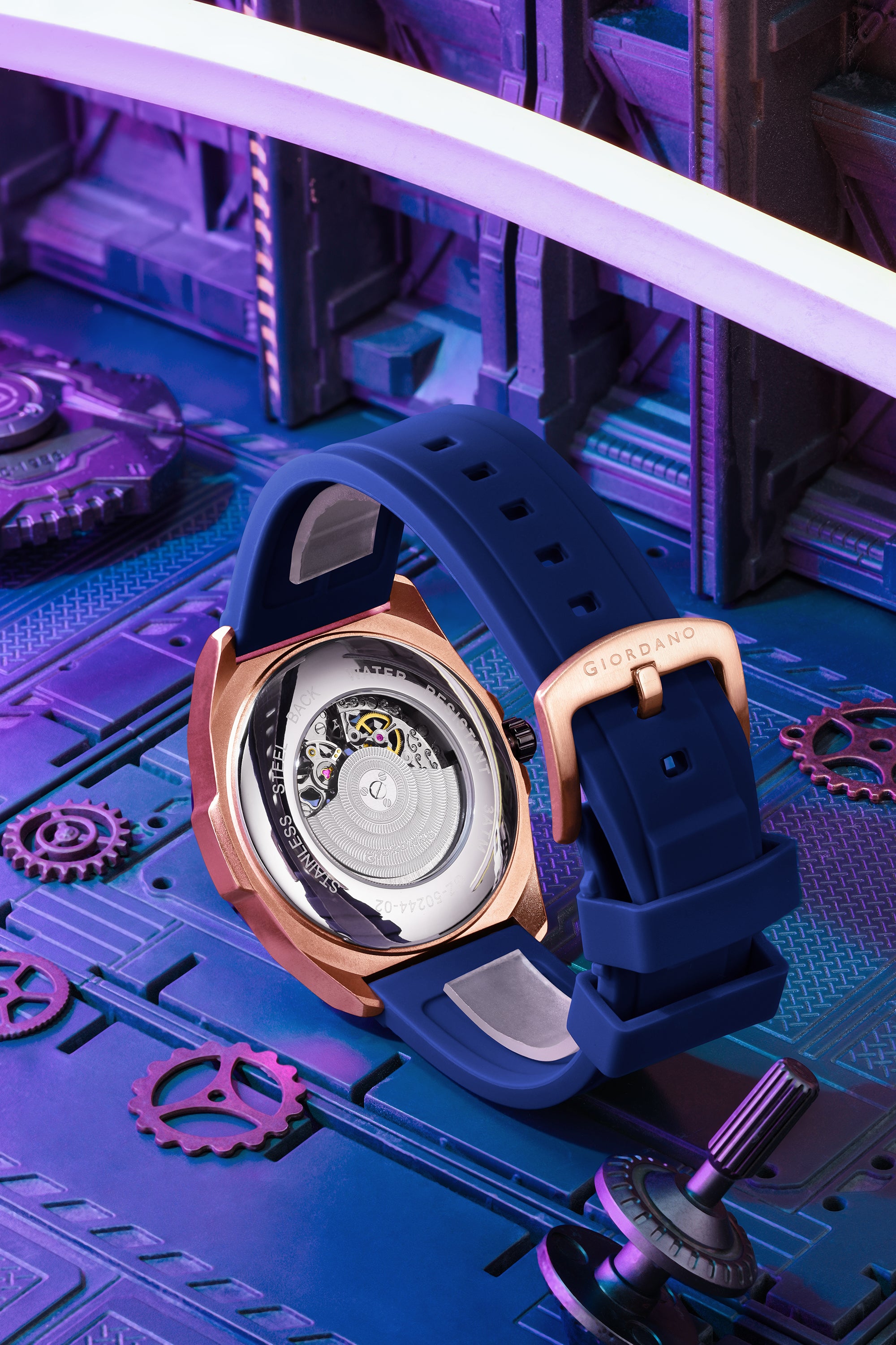 Giordano Watch for Men with Blue Round Skeleton Dial, Exposed Automatic Mechanical Movement, Luminous Hands and Hour Markers and Blue Silicone Strap - GZ-50244-02